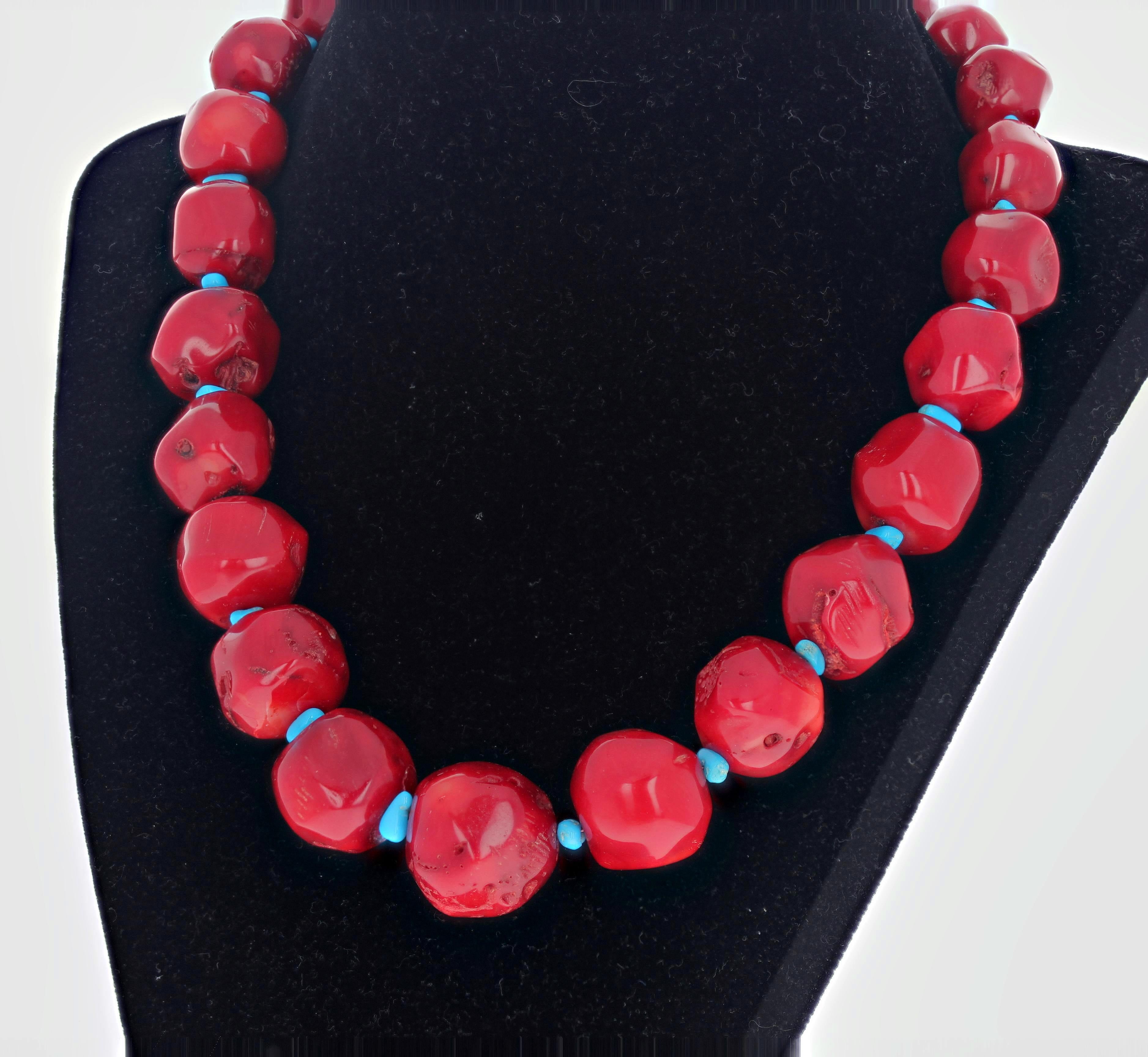 This natural real beautiful red Coral is enhanced with real natural little blue Turquoises.  This 18 inch long necklace has a gold plated easy to us hook clasp. This sits very happily and impressively on your neck.