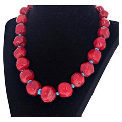 AJD Natural Elegant Chunky Red Coral & Beautiful Blue Turquoise 18" Necklace