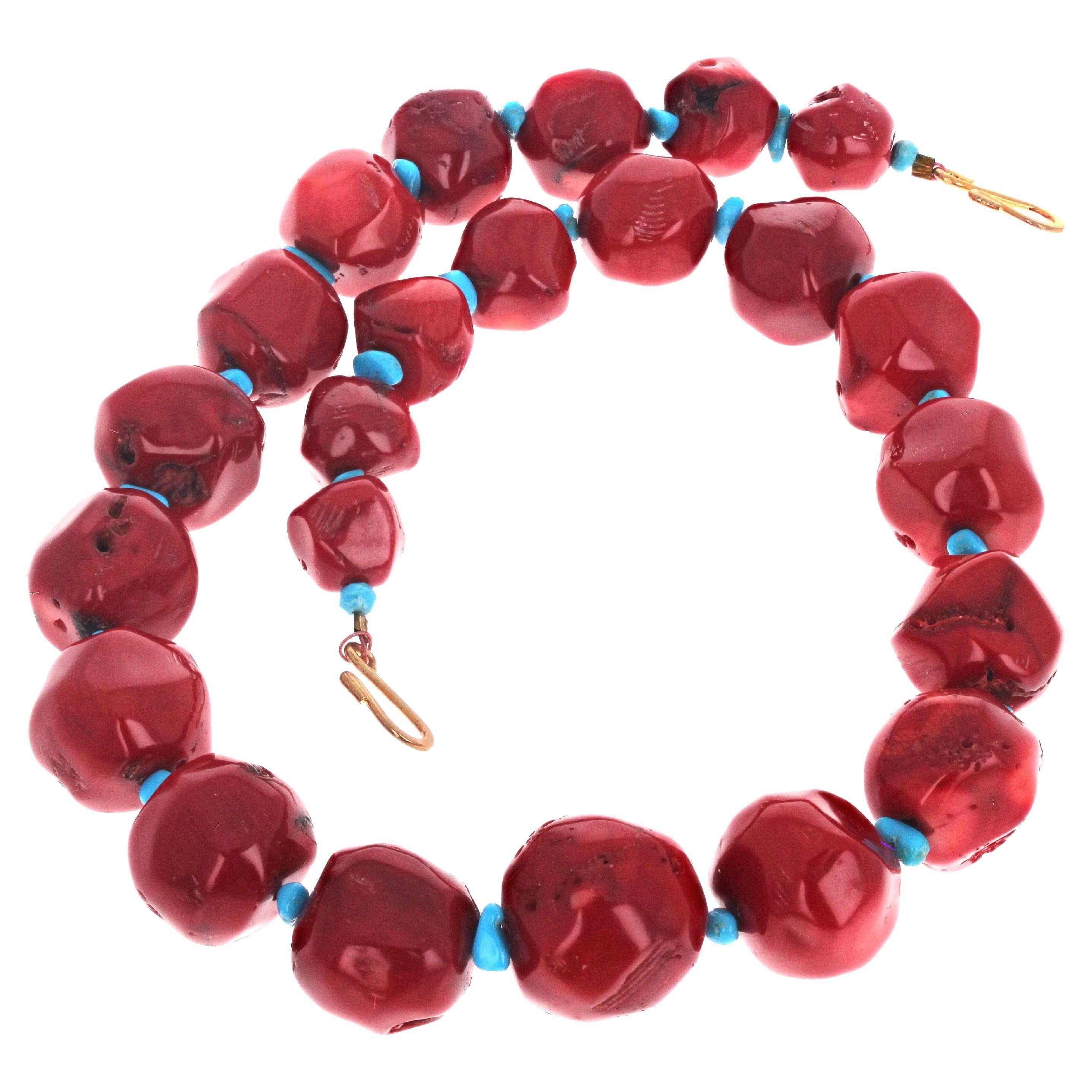 AJD Natural Elegant Chunky Red Coral & Beautiful Blue Turquoise 18" Necklace For Sale