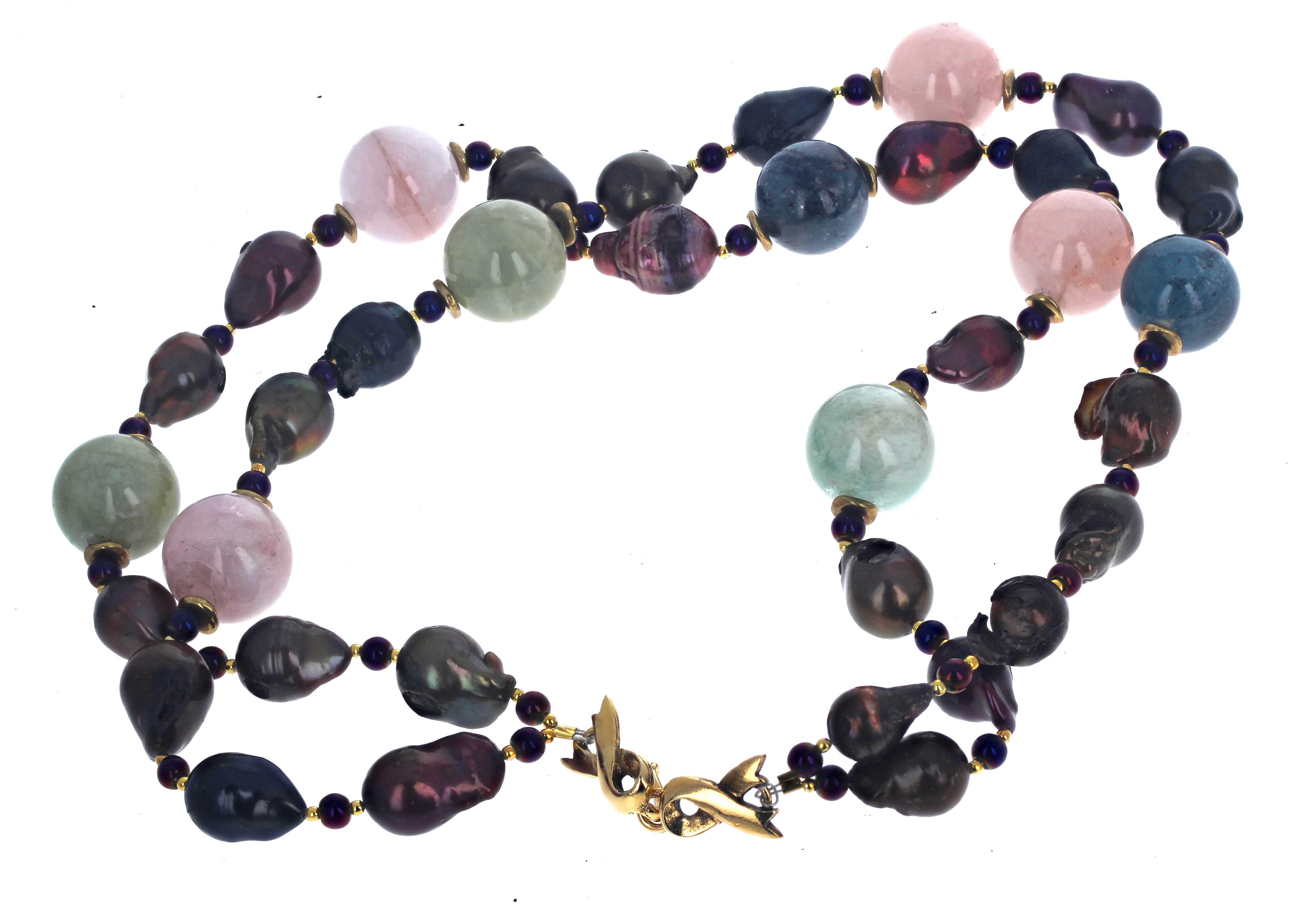 AJD REAL Collana a doppio filo di perle, kyaniti, kunziti e berilli da 18