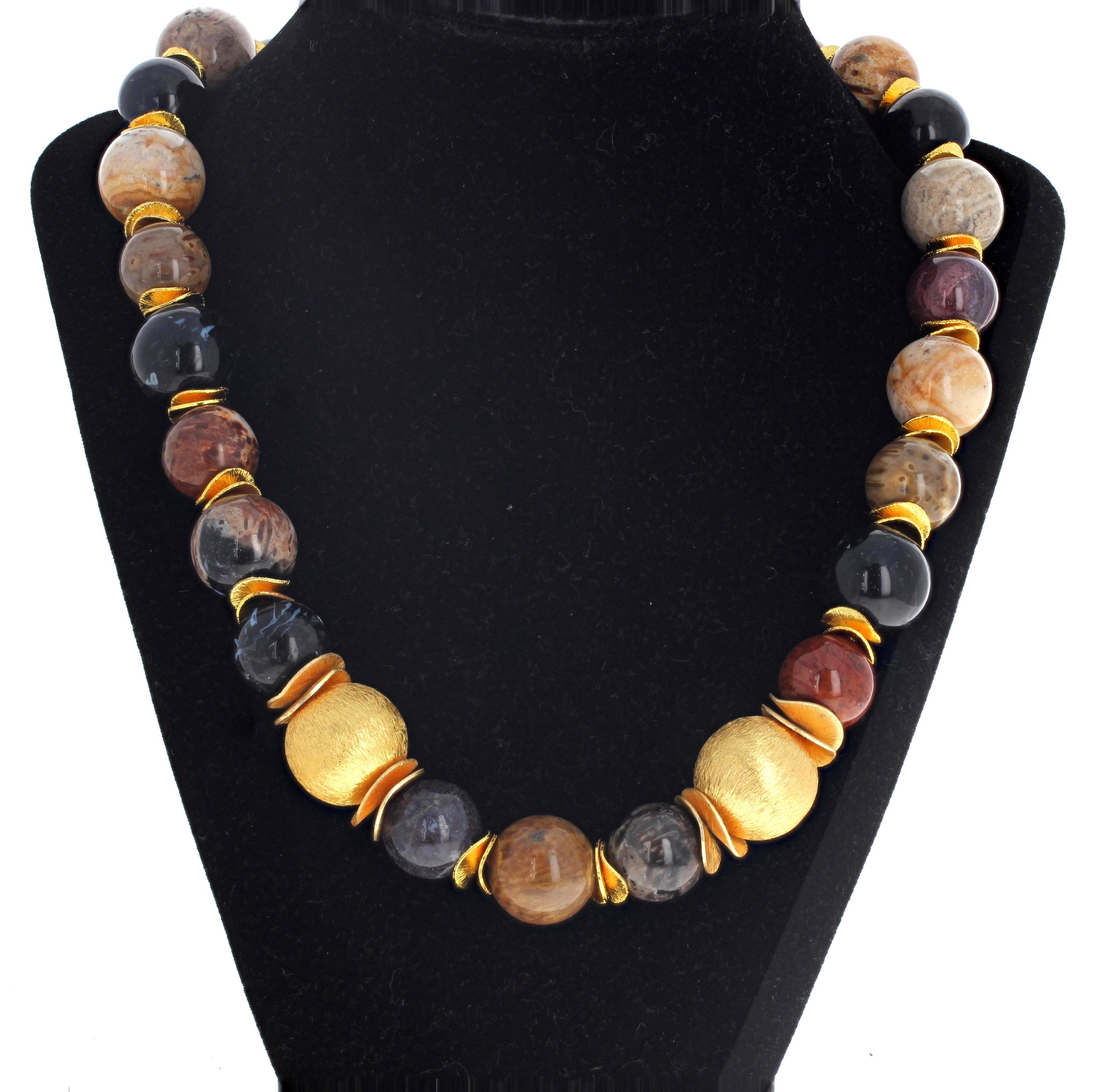 Fascinating petrified Palm Tree Rondels form this beautiful 20 inch long necklace.  The large gold plated rondels are 20mm and the larger Petrified Palm Tree rondels are approximately 18mm.  The beautiful spacers are gold plated as is the easy to