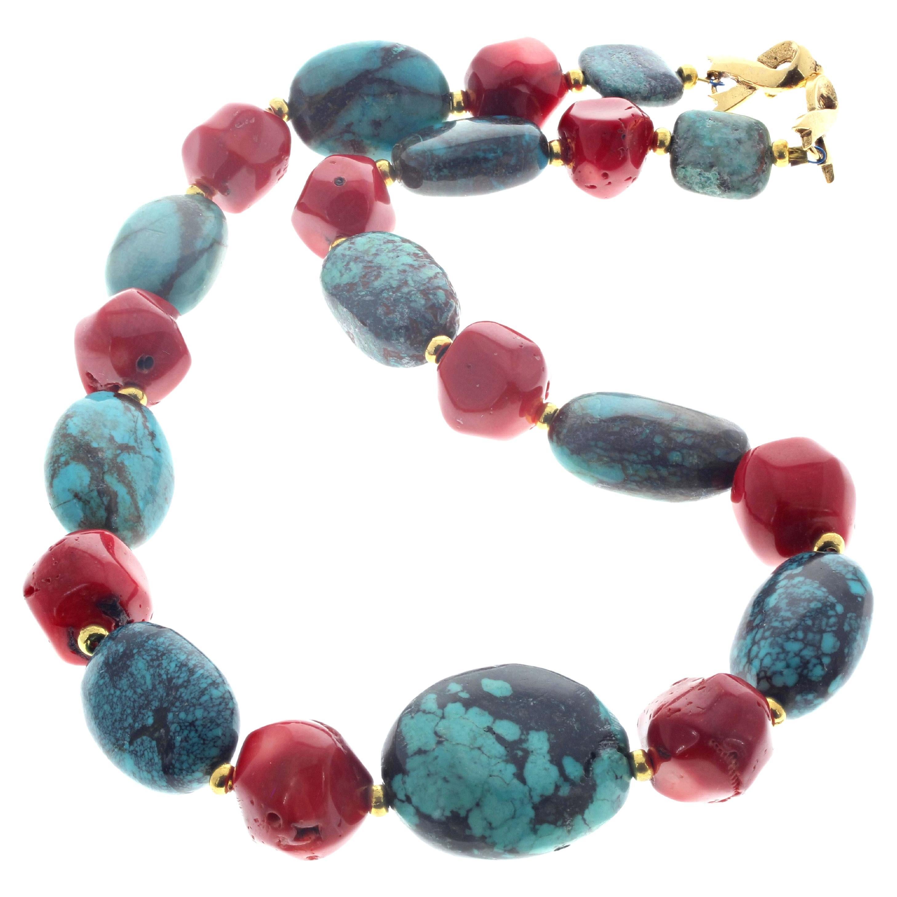 This lovely single strand of real natural Turquoise and real natural red Coral is 19 inches long.  The largest Turquoise is approximately 30mm x 26mm.  The largest roundish Coral are approximately 17mm.  The clasp is an easy to use gold plated hook