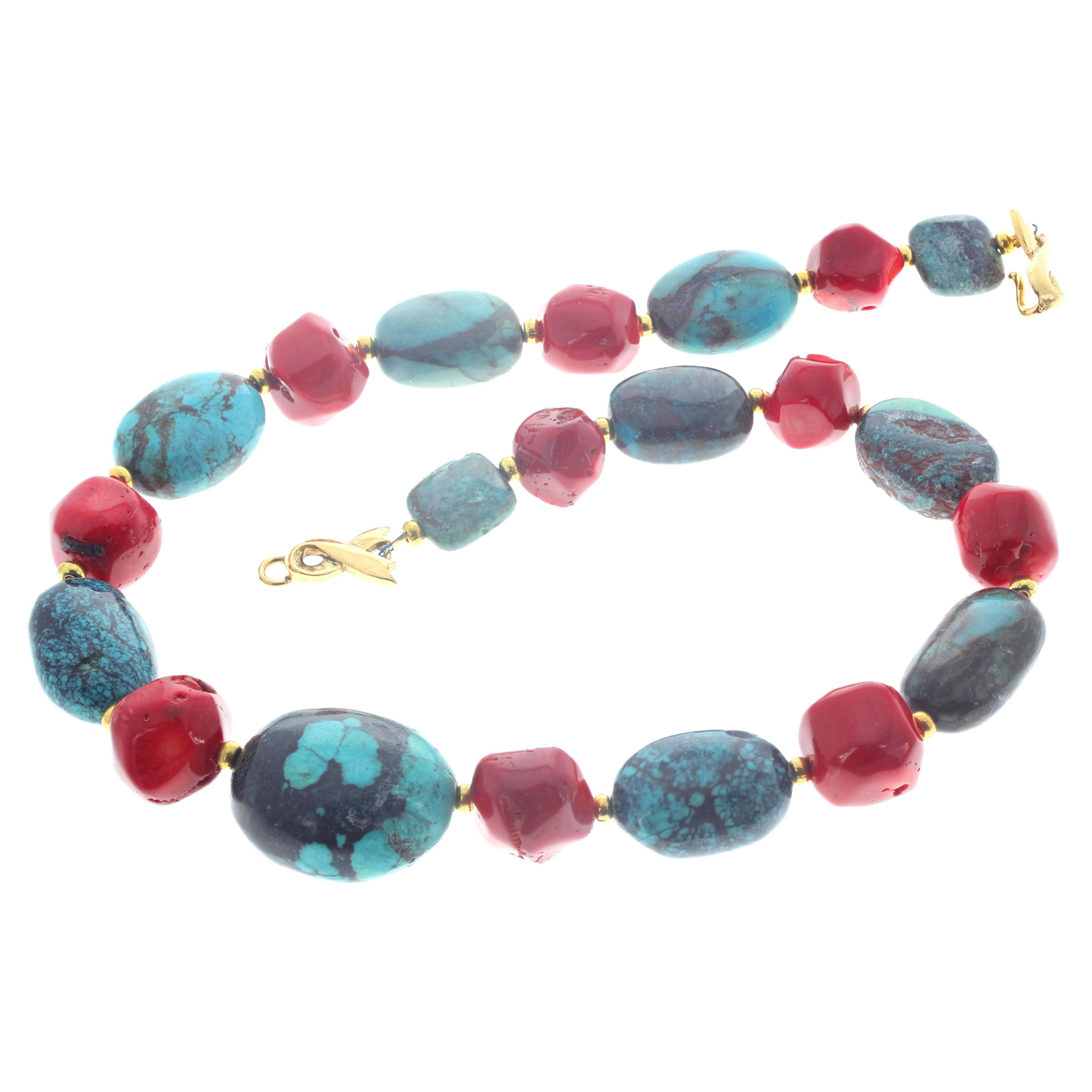 AJD Real Beautifully Natural Polished Turquoise & Real Coral 19" Necklace For Sale