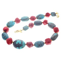 AJD Real Beautifully Natural Polished Turquoise & Real Coral 19" Necklace