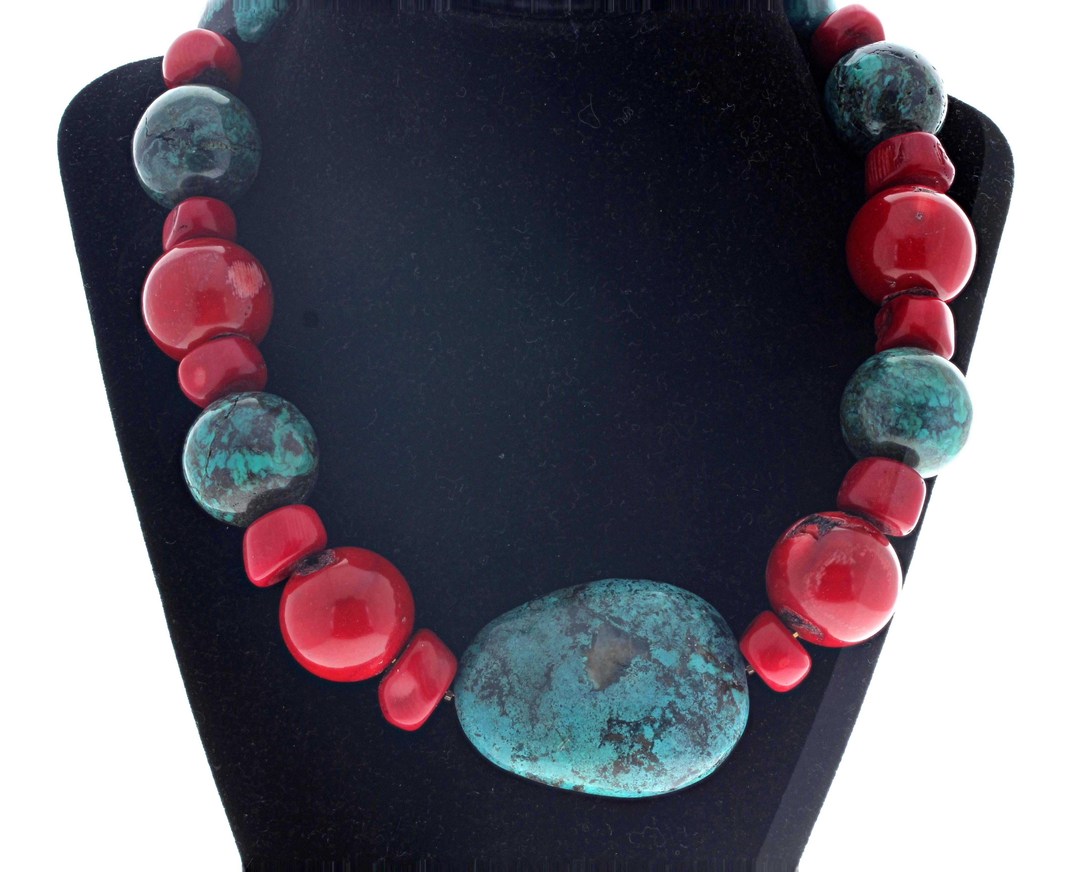 Mixed Cut AJD Real Natural Blue Turquoise & Natural Real Red Coral Necklace For Sale