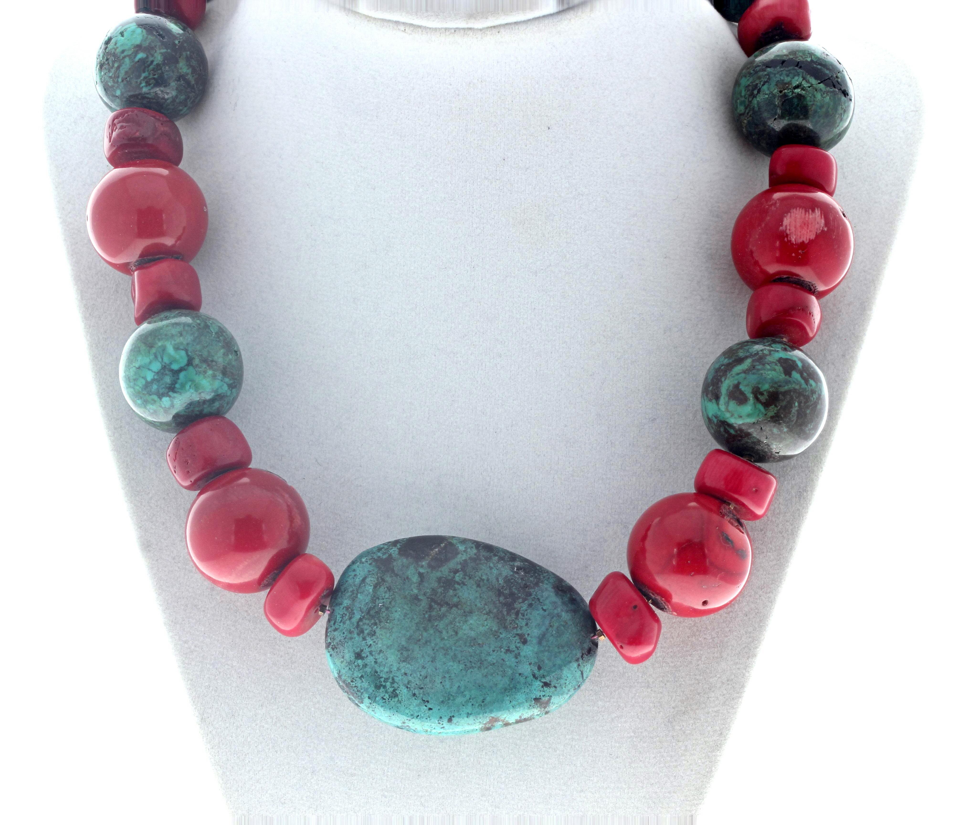 AJD Real Natural Blue Turquoise & Natural Real Red Coral Necklace In New Condition For Sale In Raleigh, NC