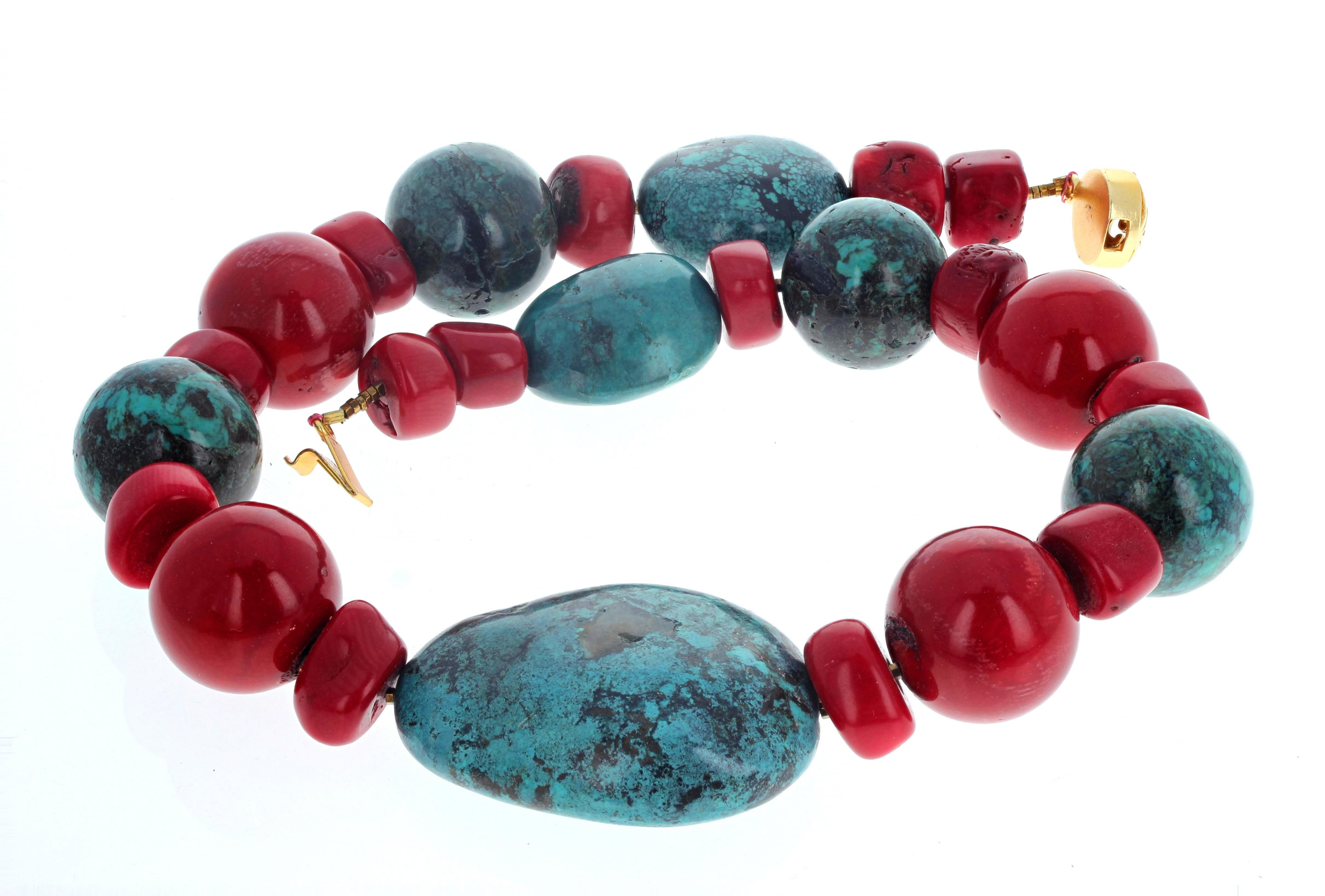 Women's or Men's AJD Real Natural Blue Turquoise & Natural Real Red Coral Necklace For Sale