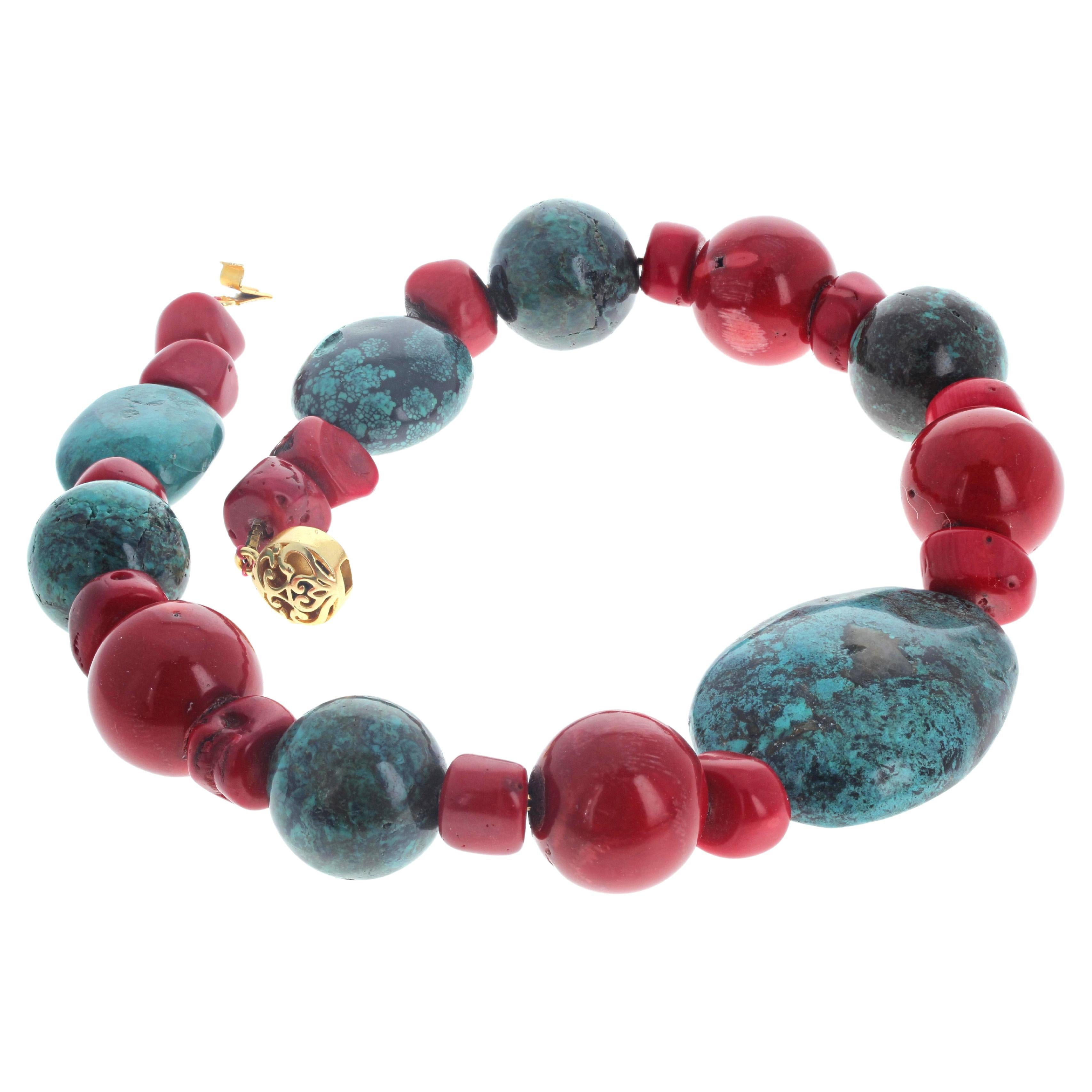AJD Real Natural Blue Turquoise & Natural Real Red Coral Necklace For Sale