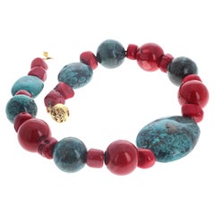 AJD Real Natural Blue Turquoise & Natural Real Red Coral Necklace