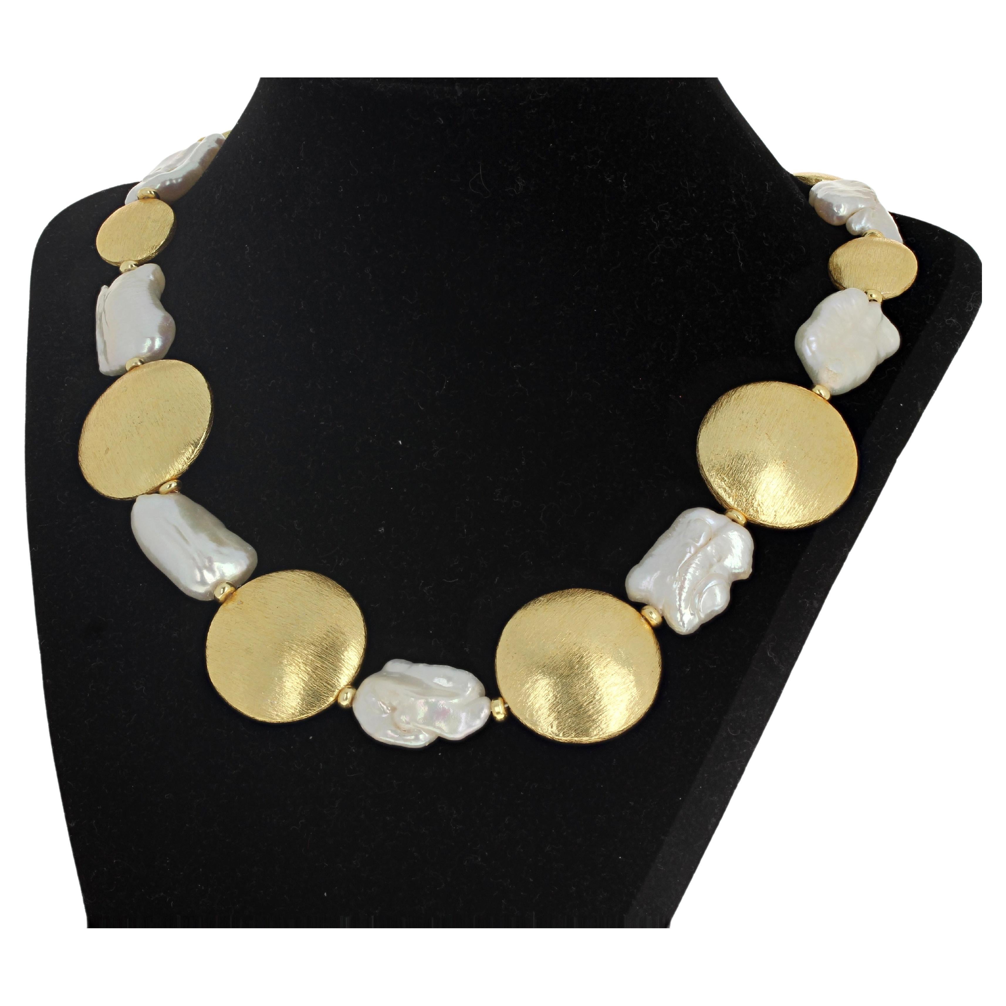 AJD Real Very White Natural Pearls & Goldy Rondels Very Elegant 18 1/2" Necklace For Sale