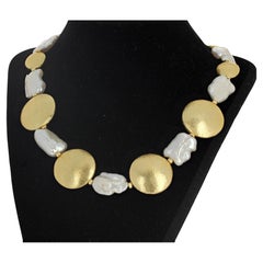 AJD Real Very White Natural Pearls & Goldy Rondels Very Elegant 18 1/2" Necklace