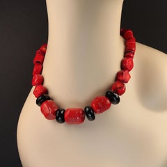 AJD 19 Inch Red Bamboo Coral with Faceted Black Onyx Rondelles Necklace