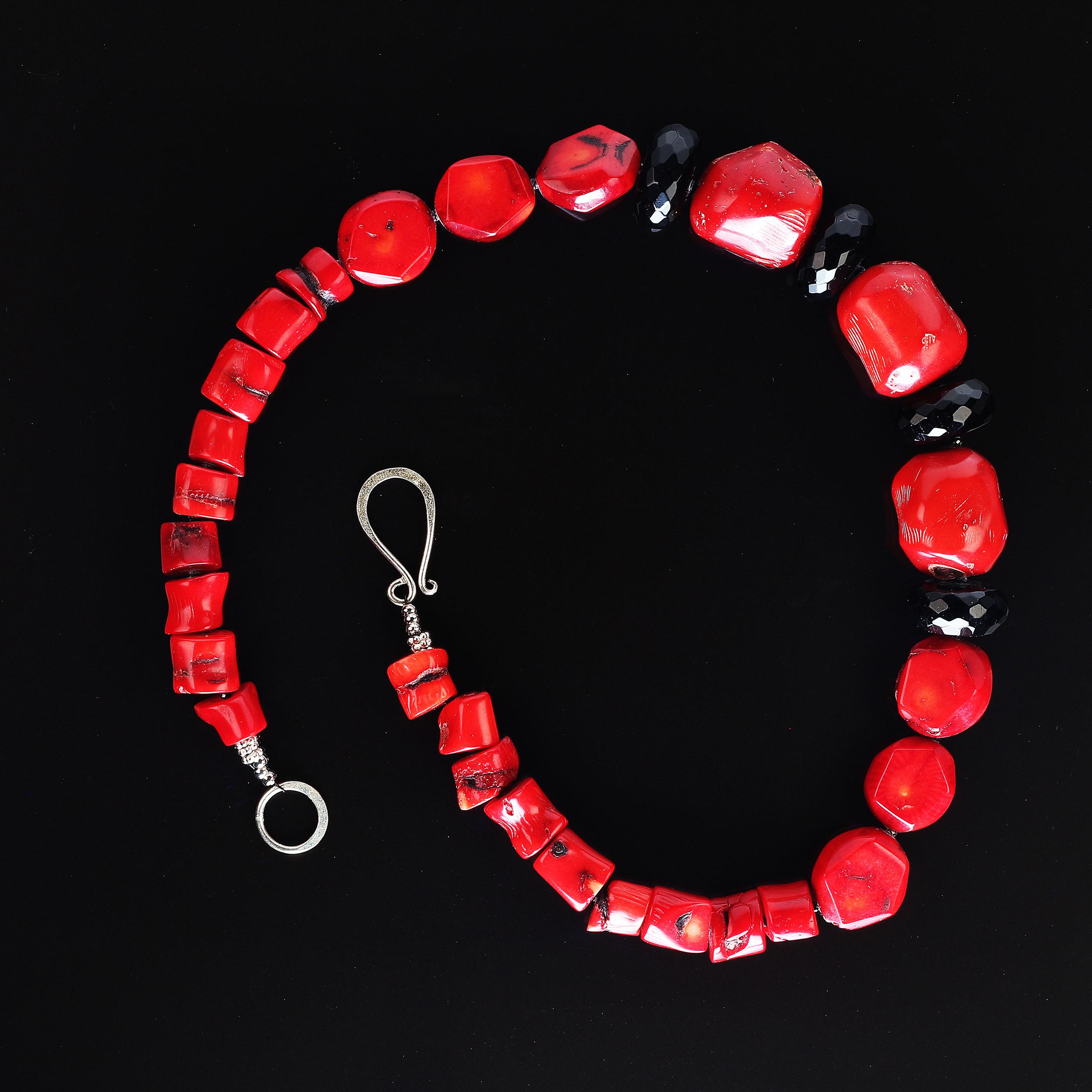 Artisan AJD 19 Inch Red Bamboo Coral with Faceted Black Onyx Rondelles Necklace 