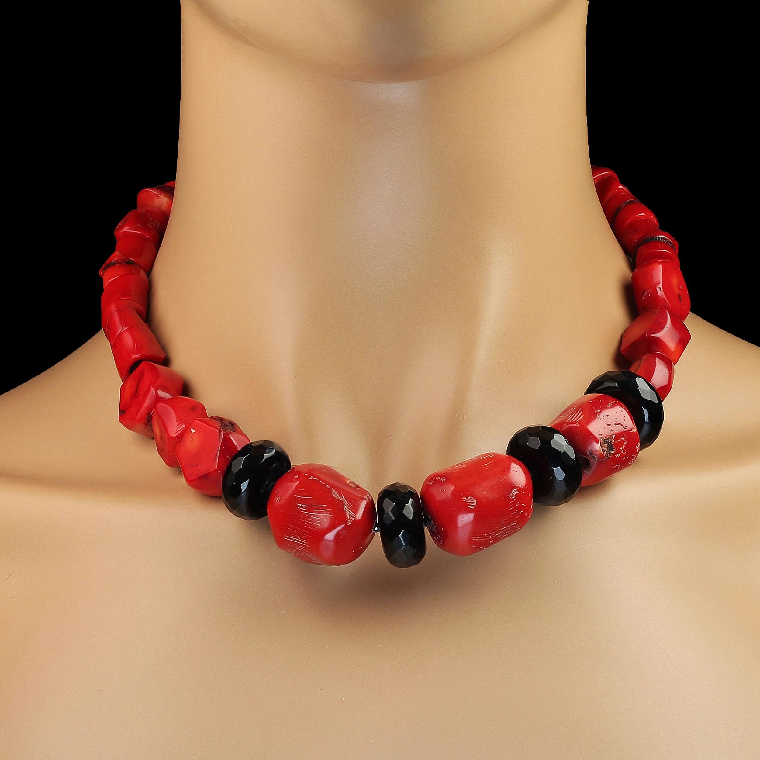Bead AJD 19 Inch Red Bamboo Coral with Faceted Black Onyx Rondelles Necklace 