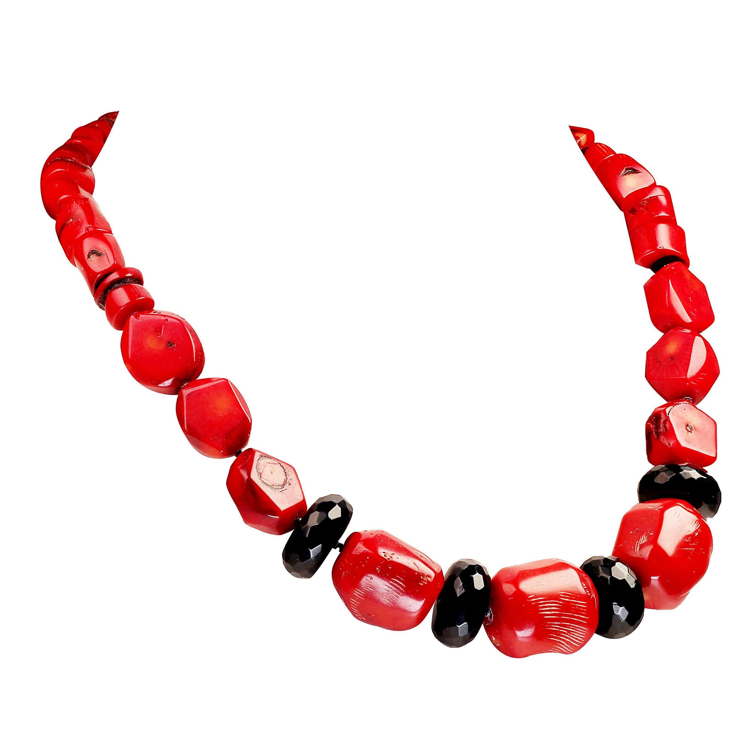 AJD 19 Inch Red Bamboo Coral with Faceted Black Onyx Rondelles Necklace  In New Condition In Raleigh, NC