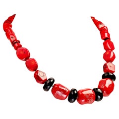 AJD 19 Inch Red Bamboo Coral with Faceted Black Onyx Rondelles Necklace 