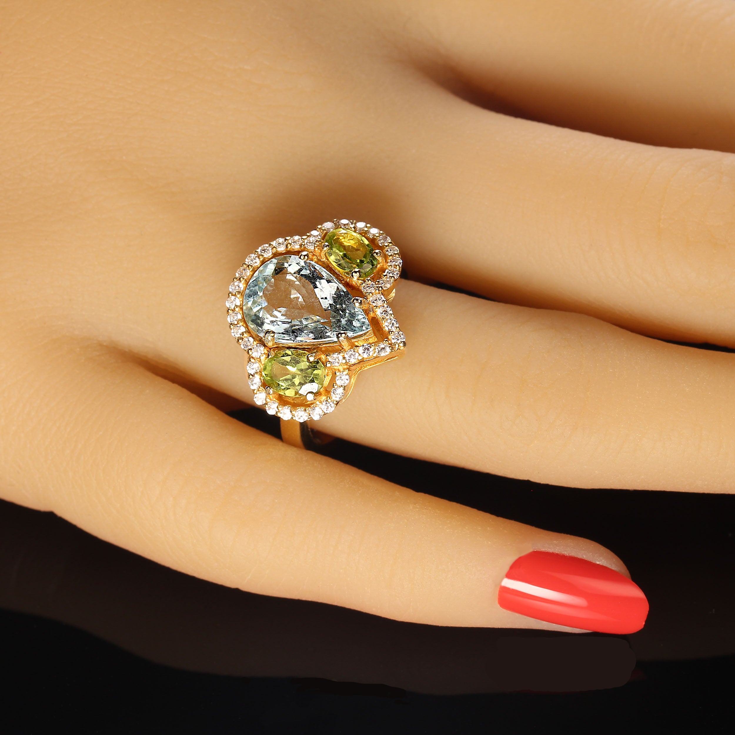 AJD Ring of Aquamarine, Peridot, and genuine Zircon March Birthstone For Sale
