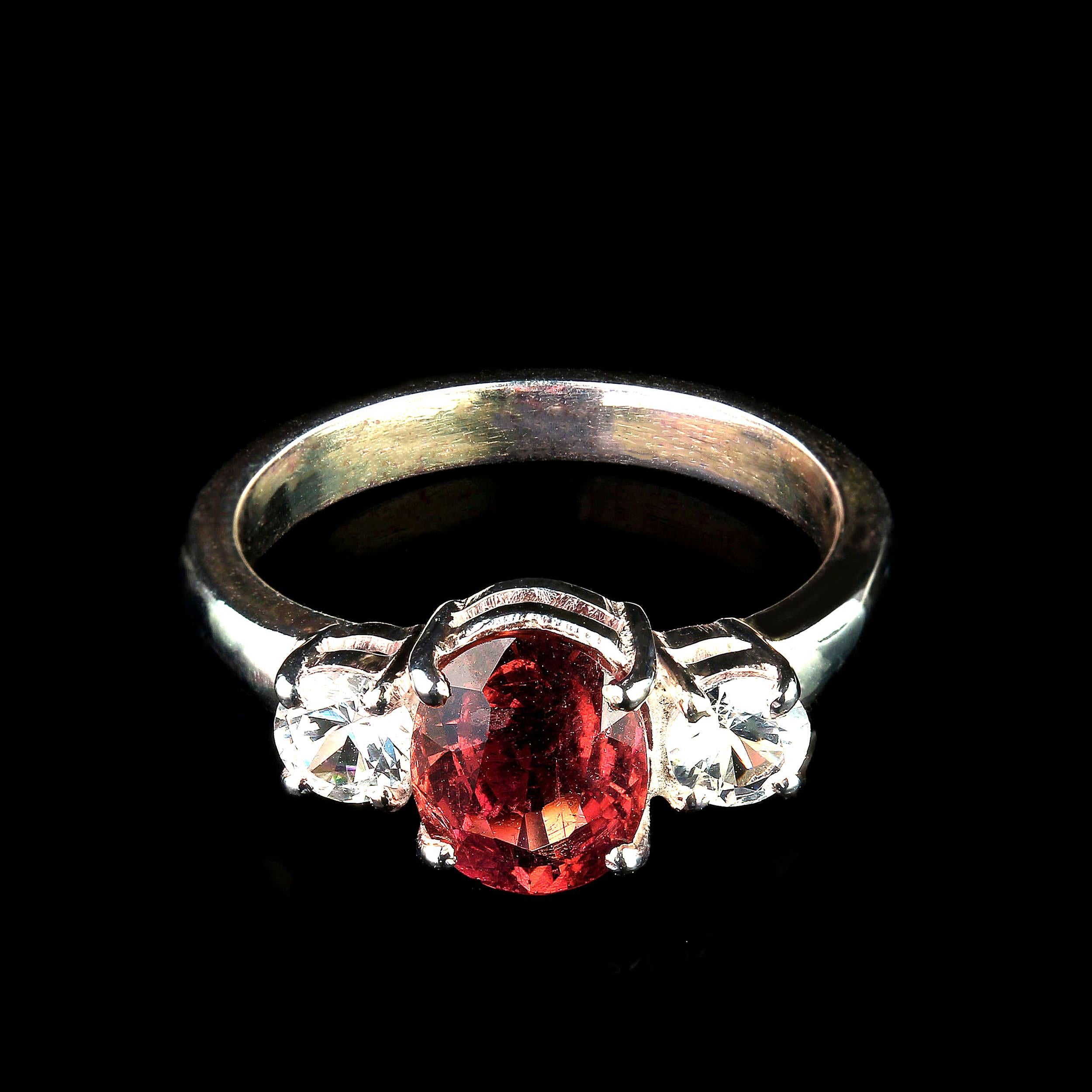 Artisan AJD Ring of Sparkling Red Tourmaline Accented with Genuine Zircons For Sale