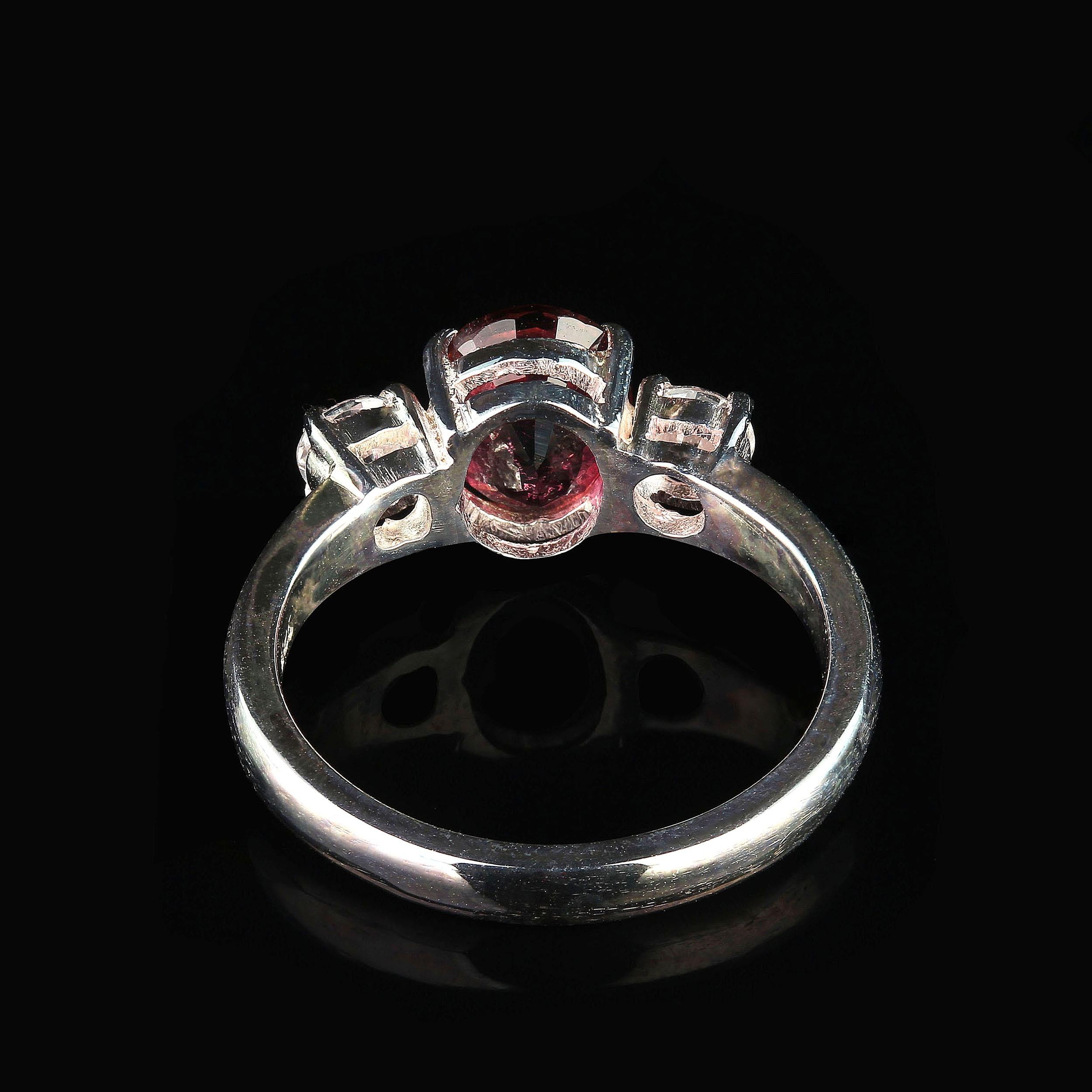Oval Cut AJD Ring of Sparkling Red Tourmaline Accented with Genuine Zircons For Sale