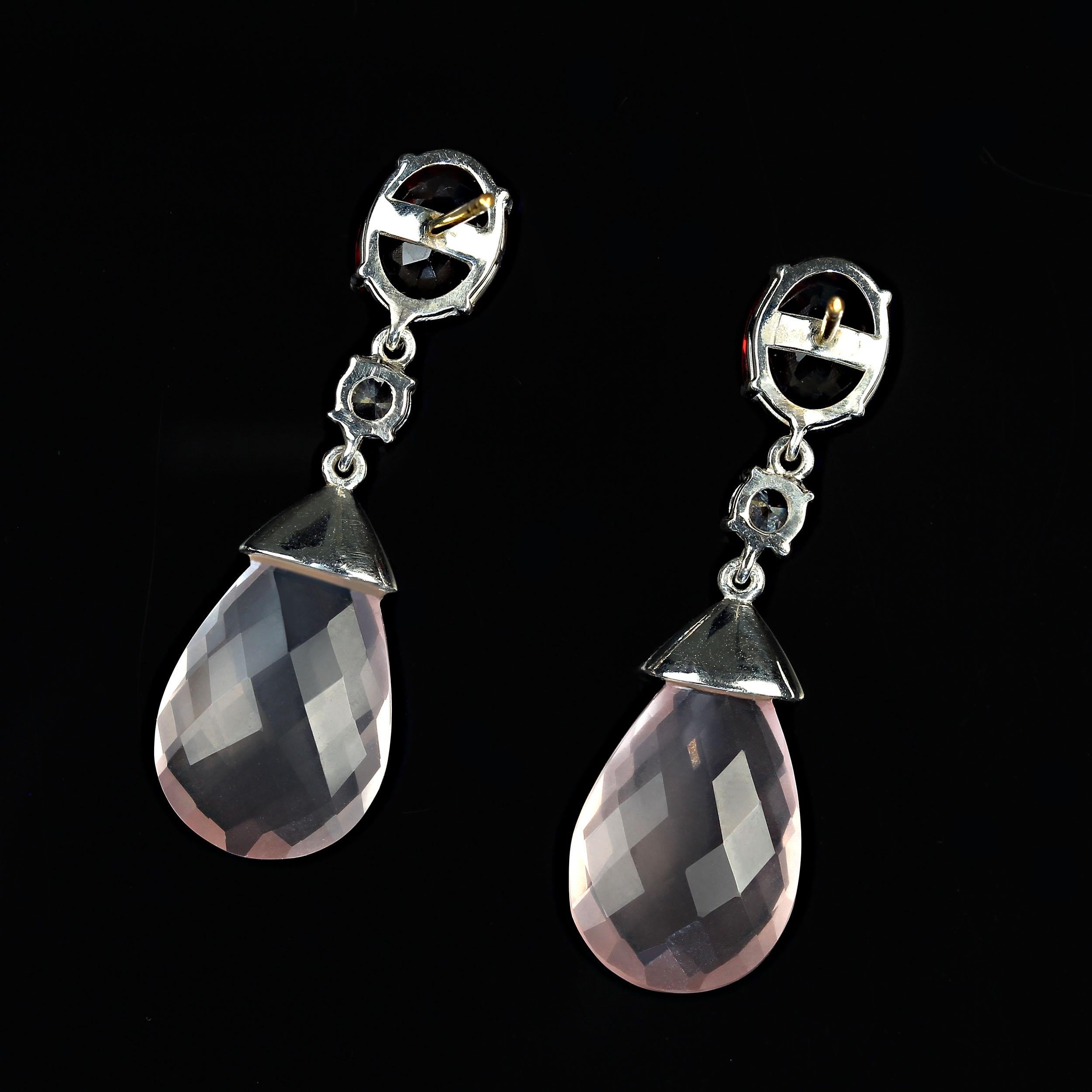 AJD Romantic Rose Quartz and Garnet in Sterling Silver Earrings In New Condition For Sale In Raleigh, NC
