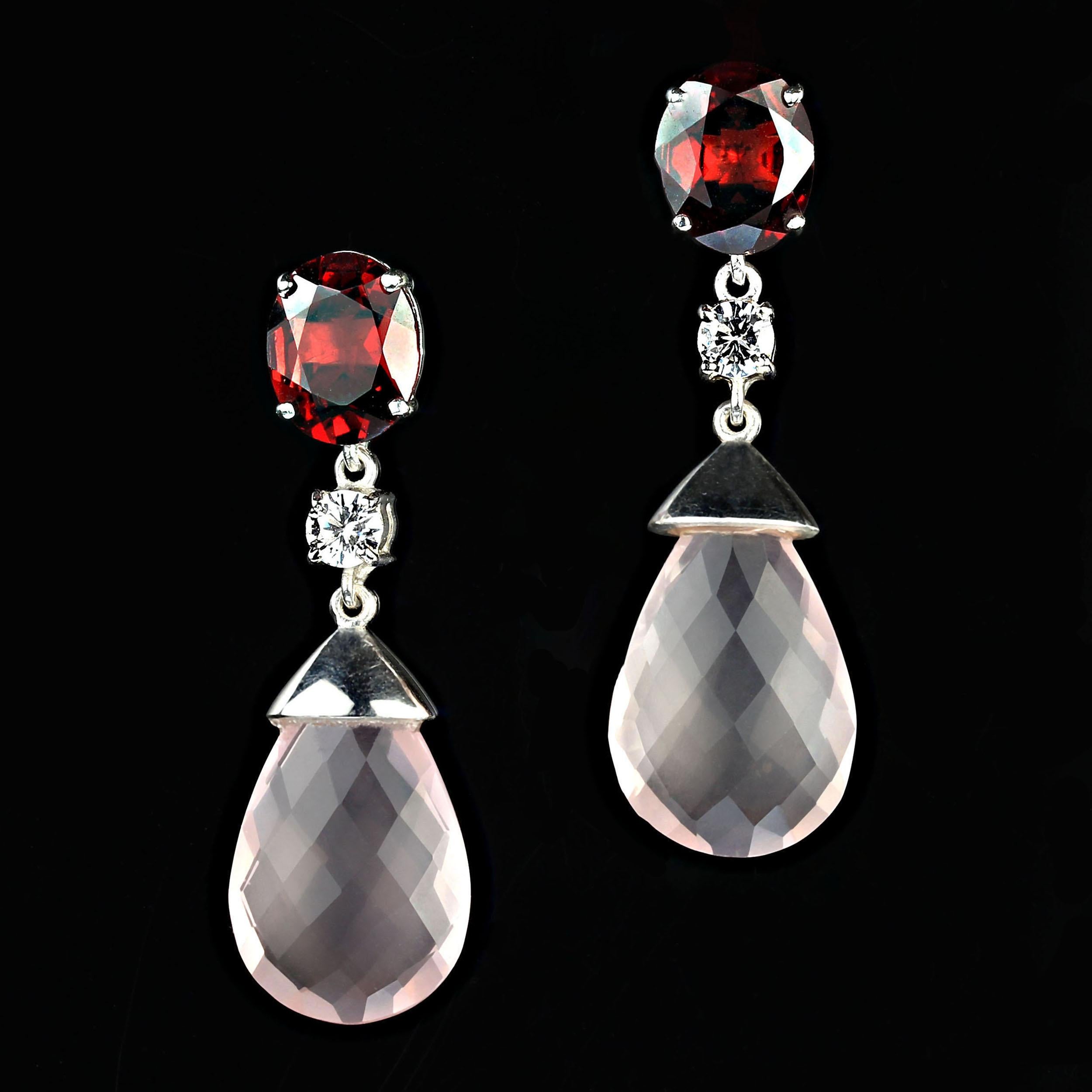 AJD Romantic Rose Quartz and Garnet in Sterling Silver Earrings For Sale 1