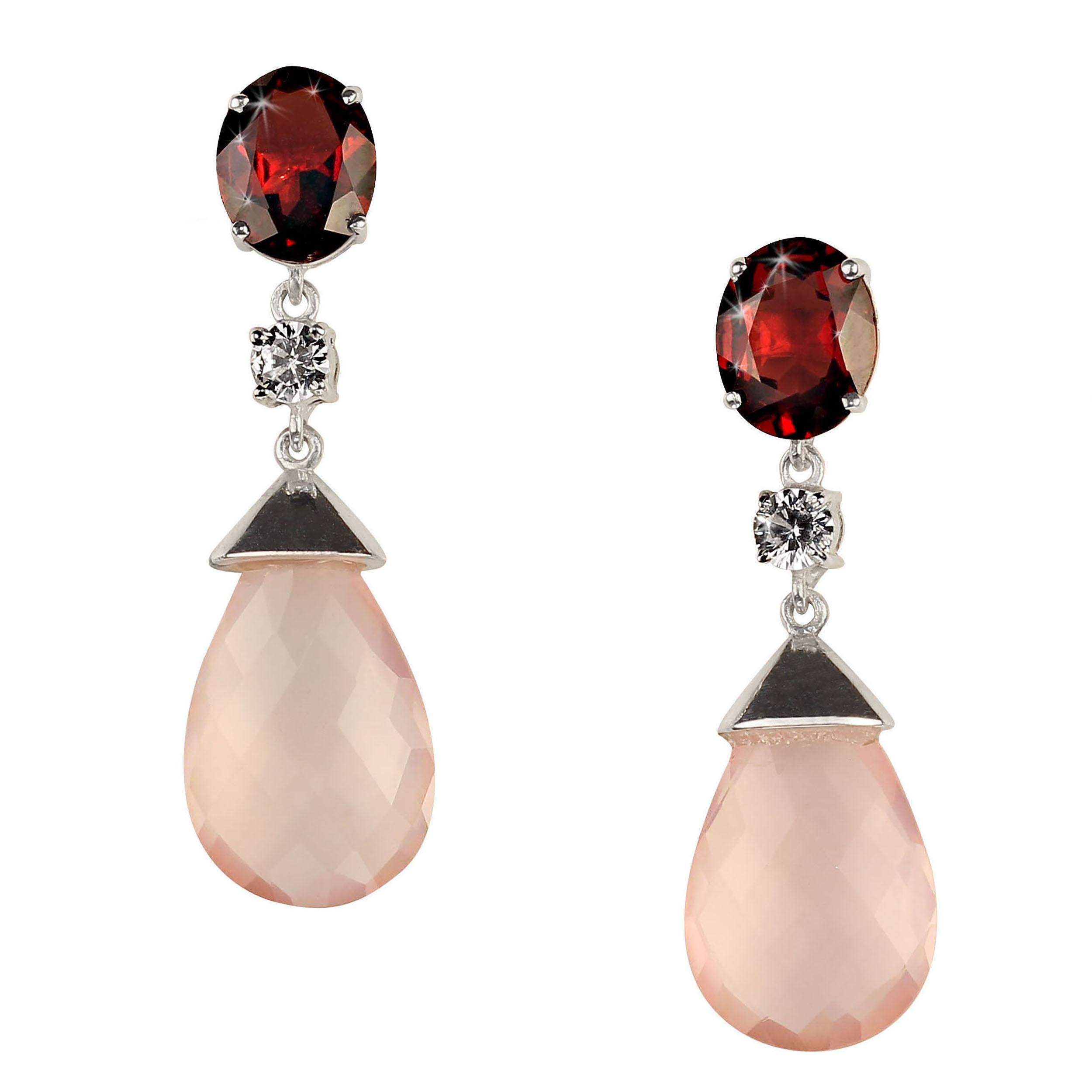 AJD Romantic Rose Quartz and Garnet in Sterling Silver Earrings For Sale 3