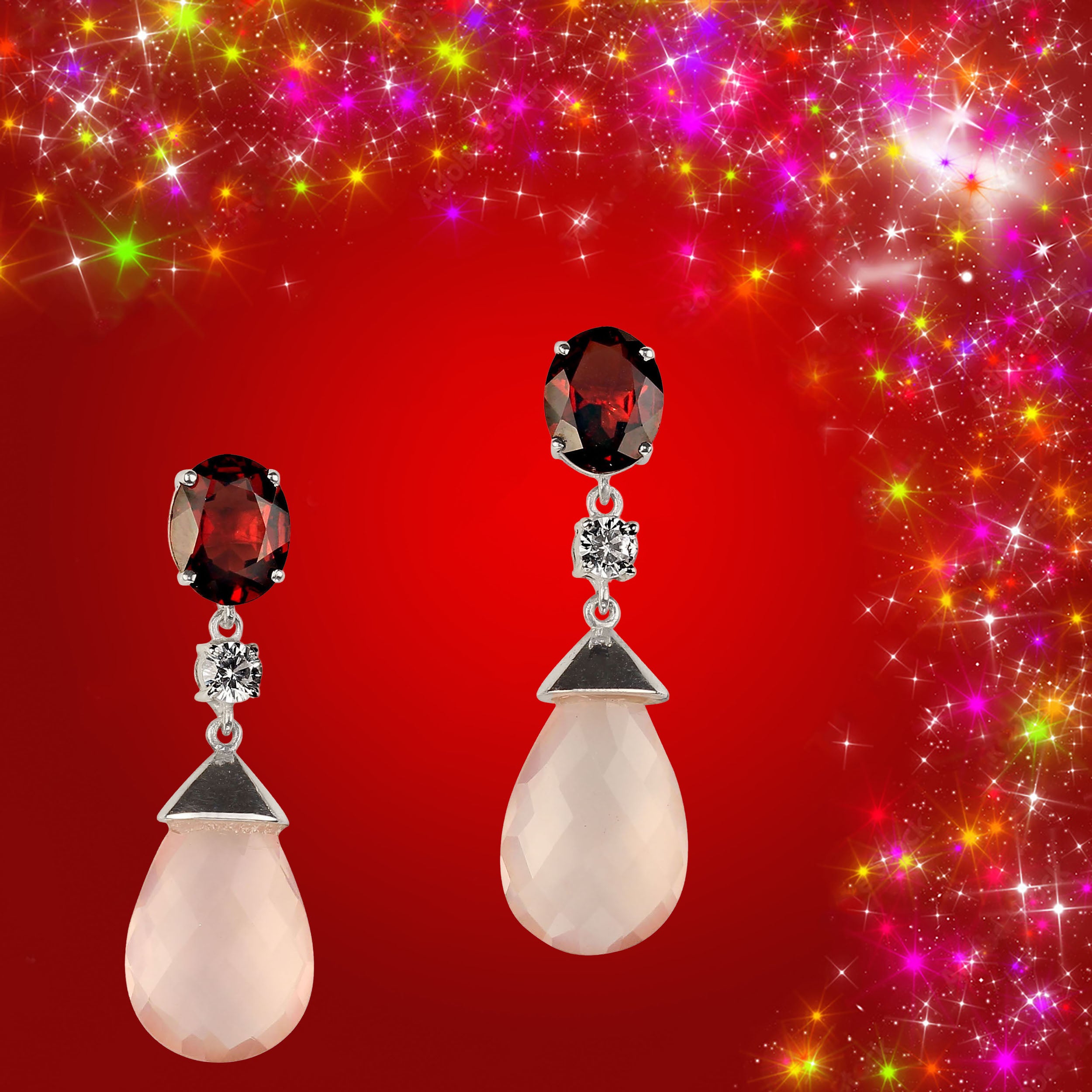 Orecchini romantici AJD con quarzo rosa e granato in argento sterling