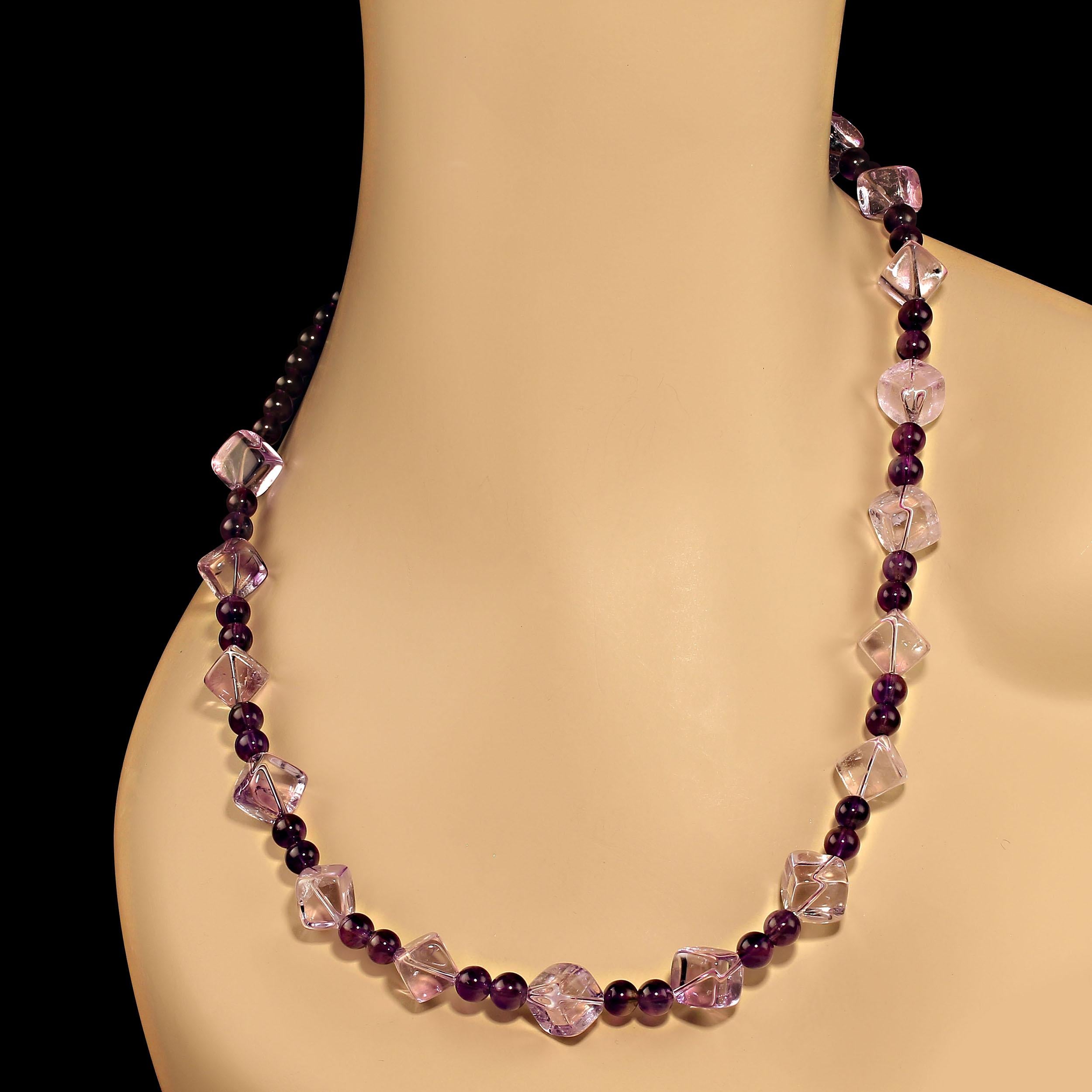 Artisan AJD Rose of France Cubes and 6MM Amethyst in a 21 Inch Necklace For Sale