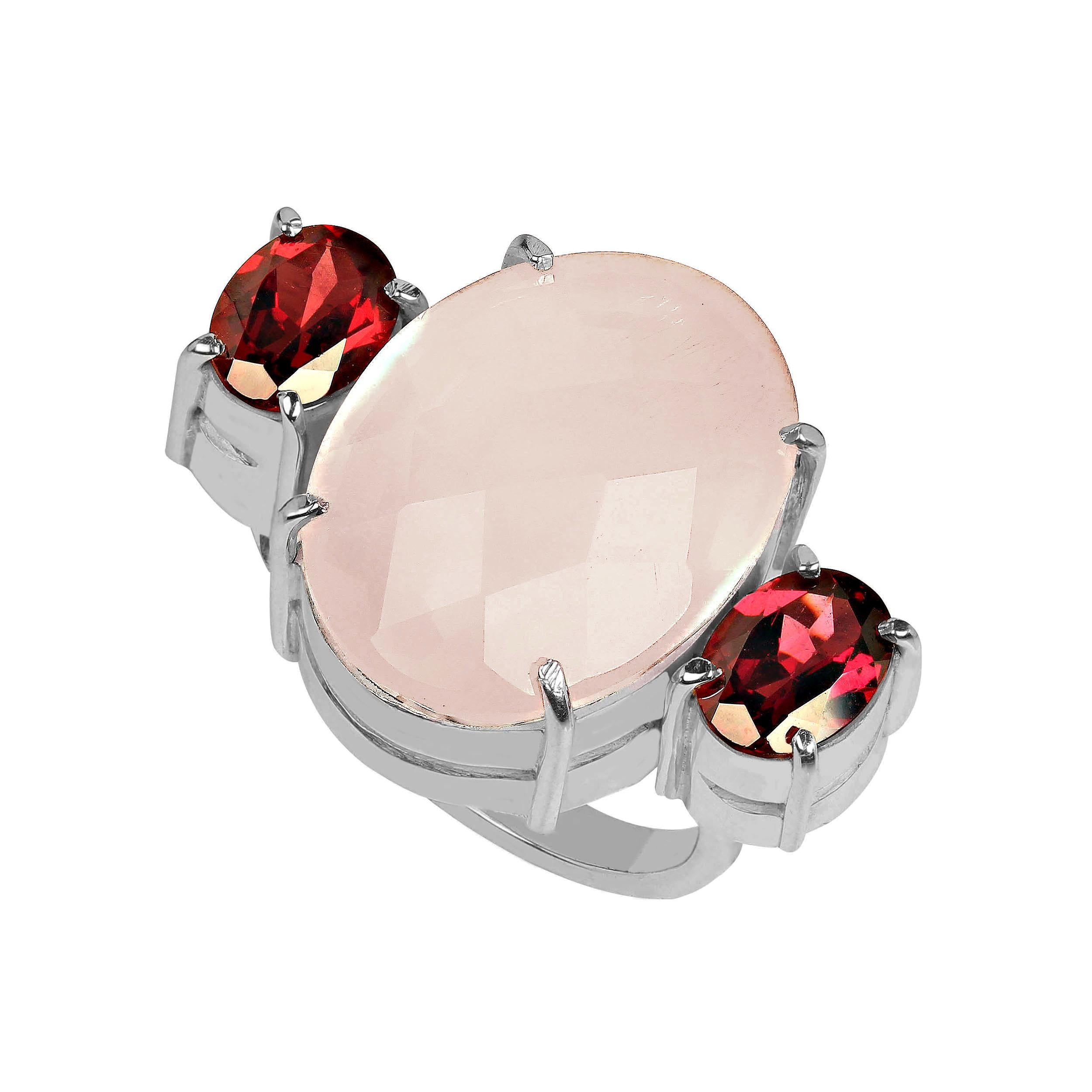 Artisan AJD Rose Quartz and Garnet Silver Ring  Great Gift!! For Sale