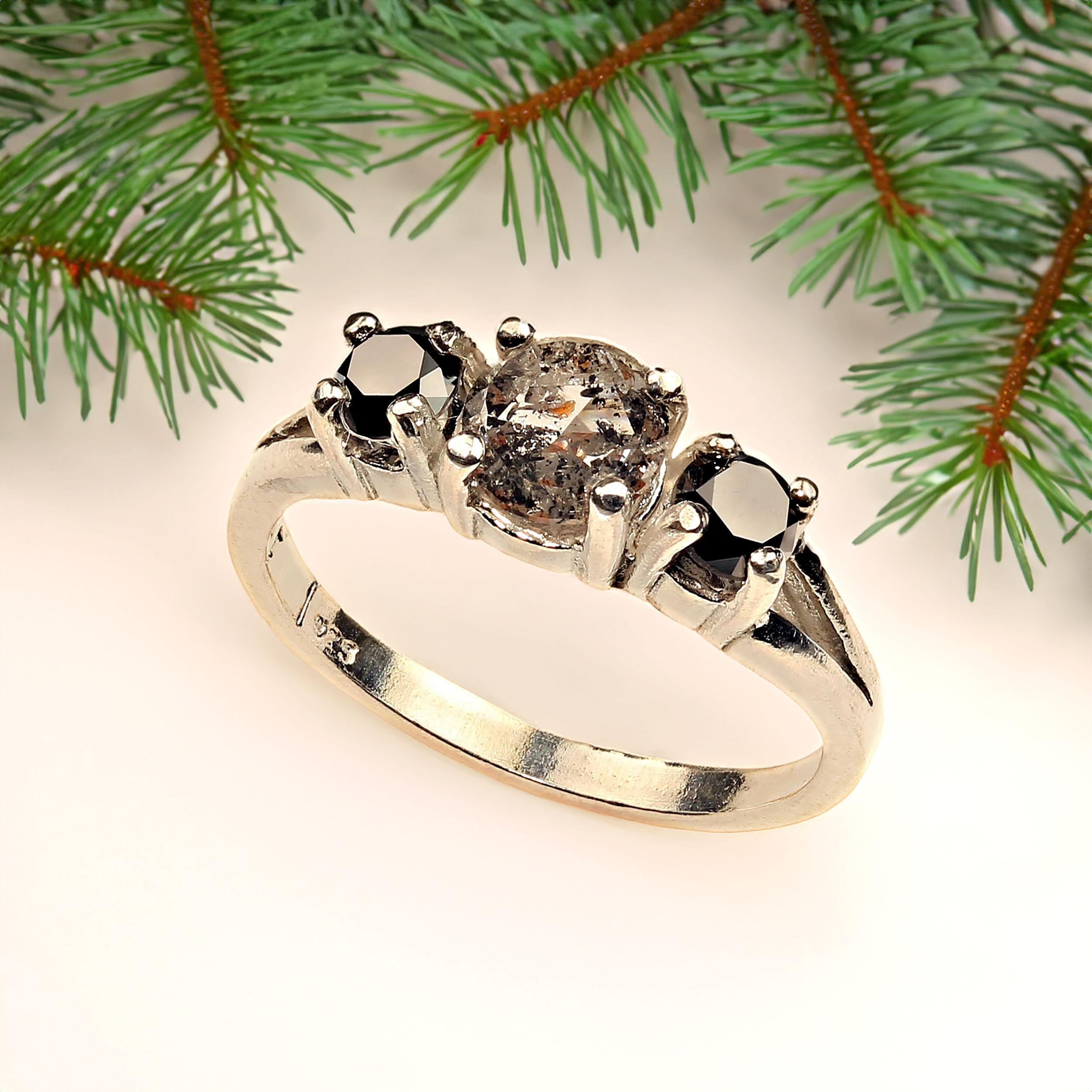 Round Cut AJD Salt and Pepper Diamond and Black Diamond Ring For Sale
