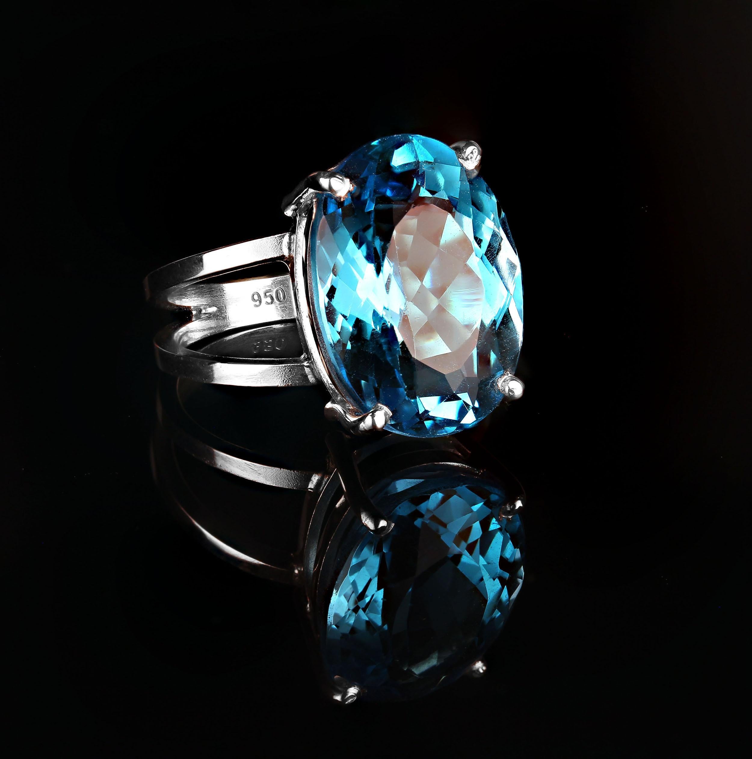 Oval Cut AJD Scintillating 17ct Swiss Blue Topaz and Sterling Silver Ring For Sale