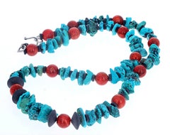 AJD Simple Elegant Natural Blue Turquoise & Orangy Real Coral Necklace