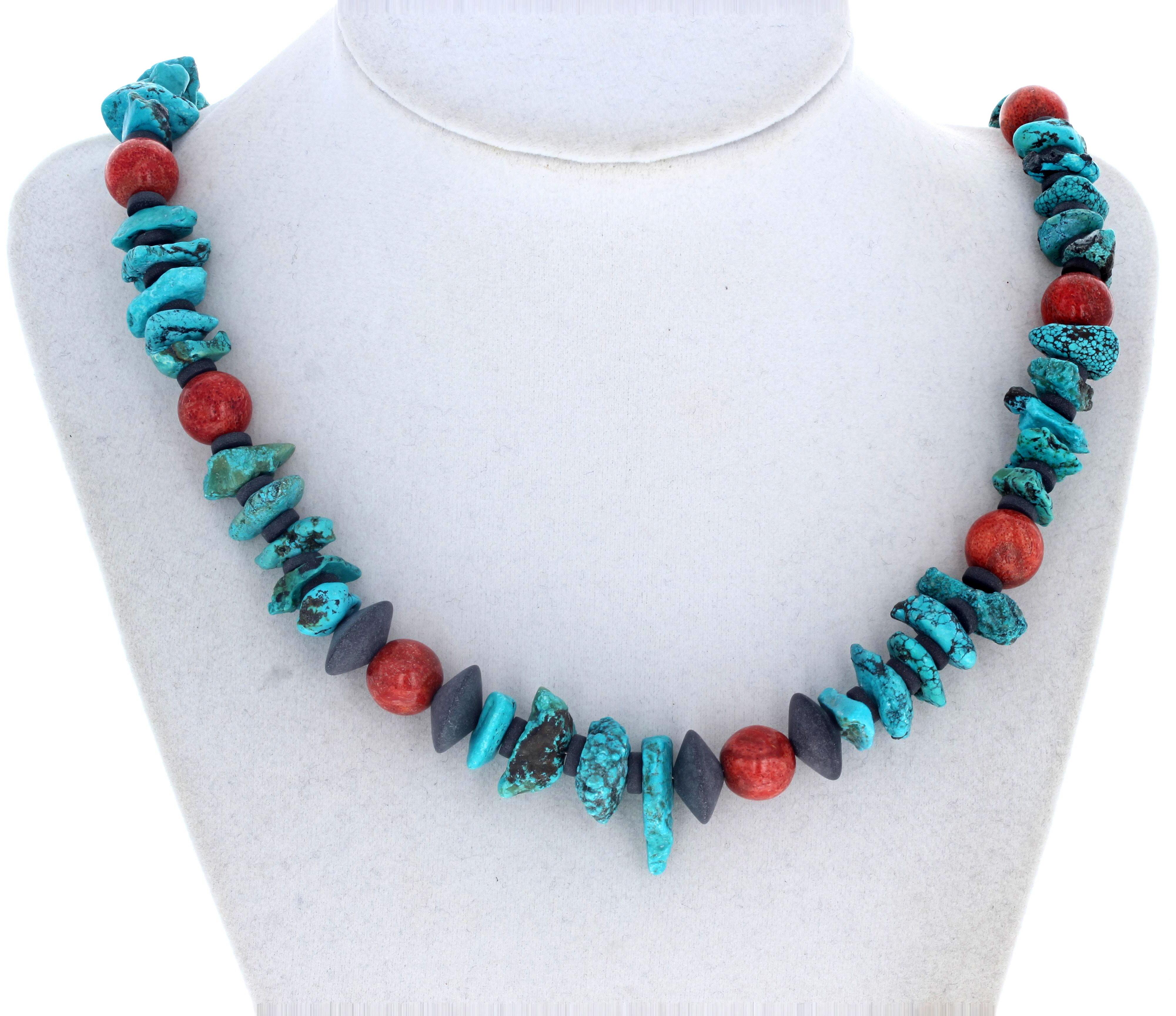 Mixed Cut AJD Simple Elegant Natural Blue Turquoise & Real Orangy Coral Necklace For Sale