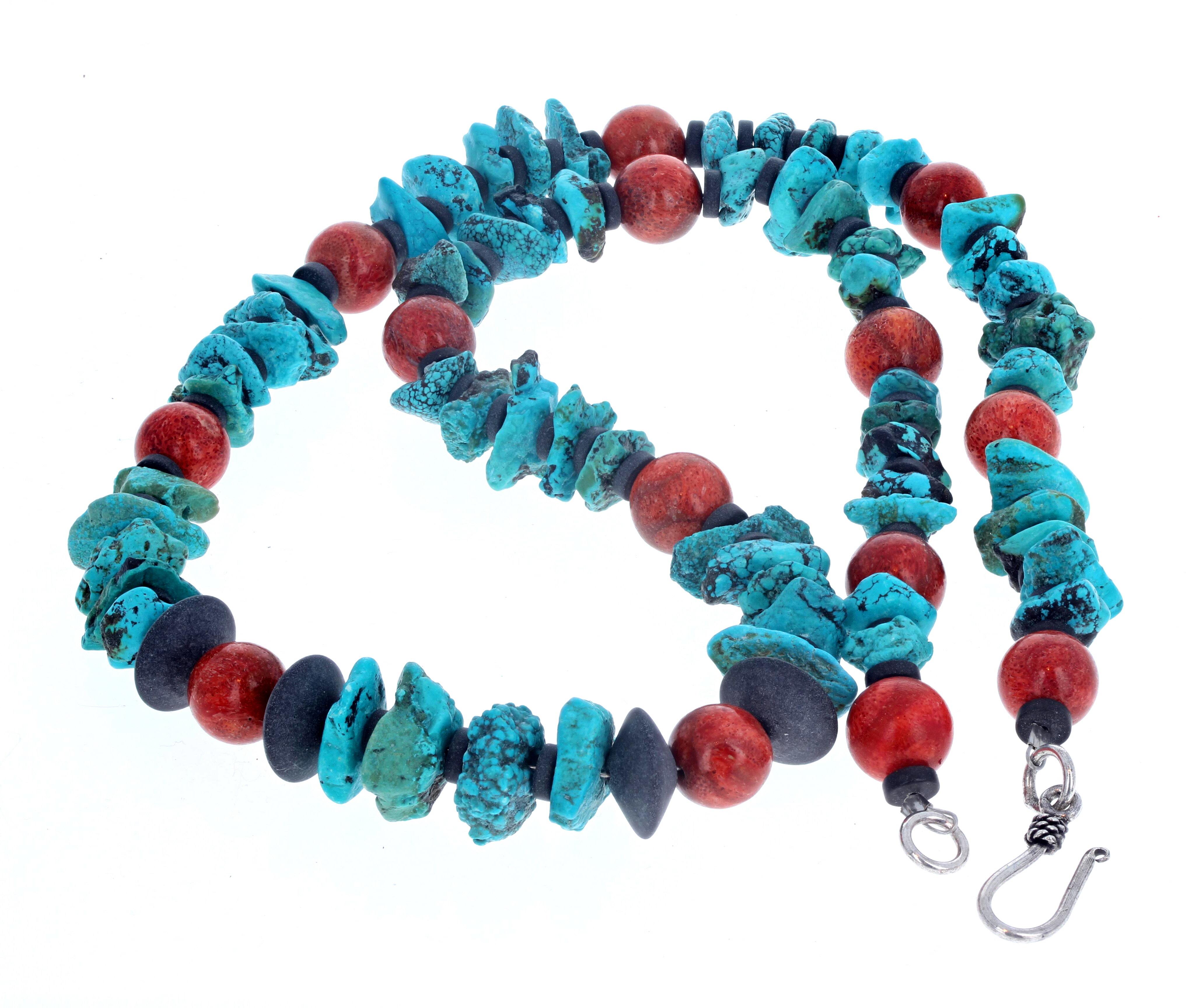 AJD Simple Elegant Natural Blue Turquoise & Real Orangy Coral Necklace In New Condition For Sale In Raleigh, NC