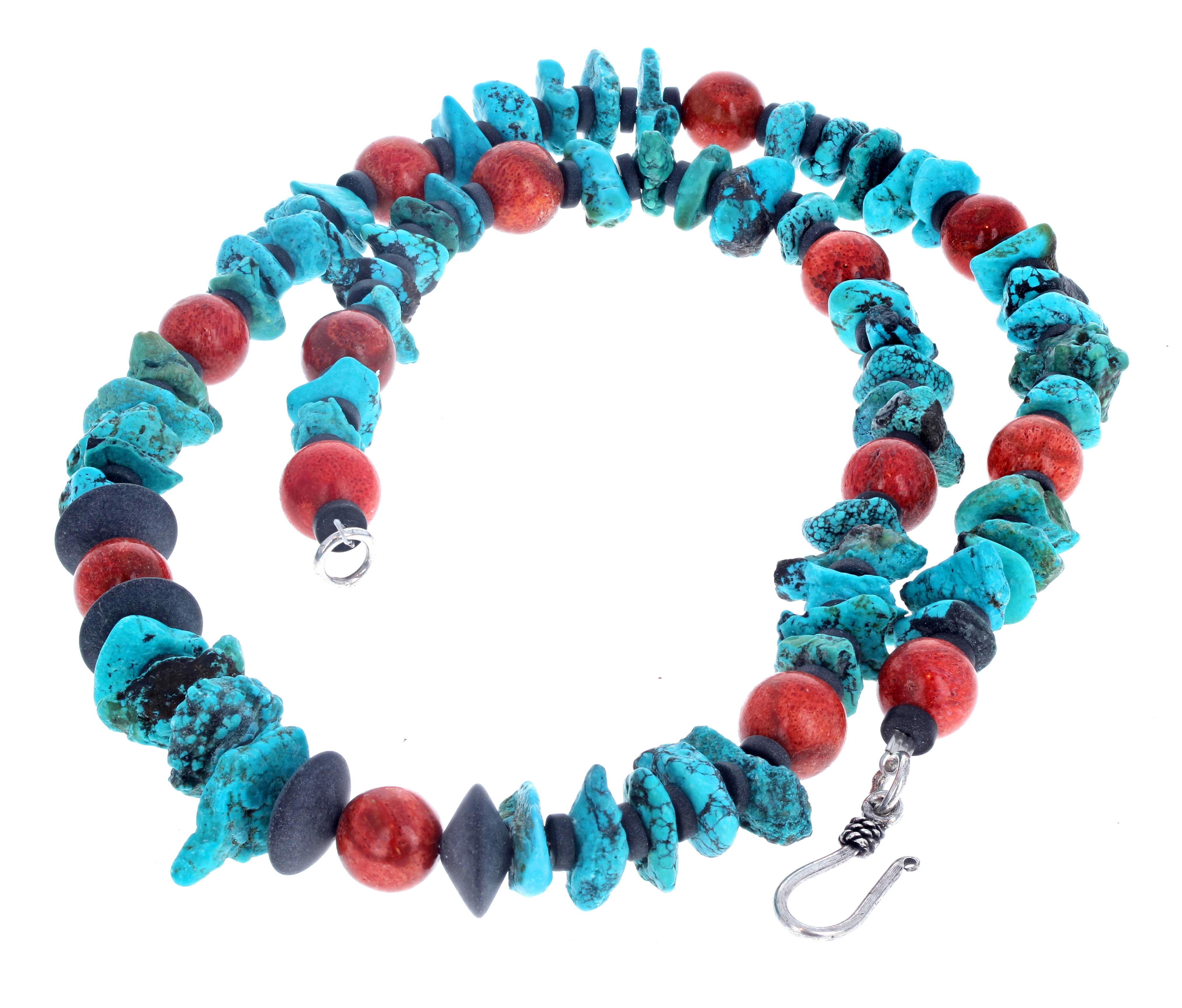 Women's or Men's AJD Simple Elegant Natural Blue Turquoise & Real Orangy Coral Necklace For Sale