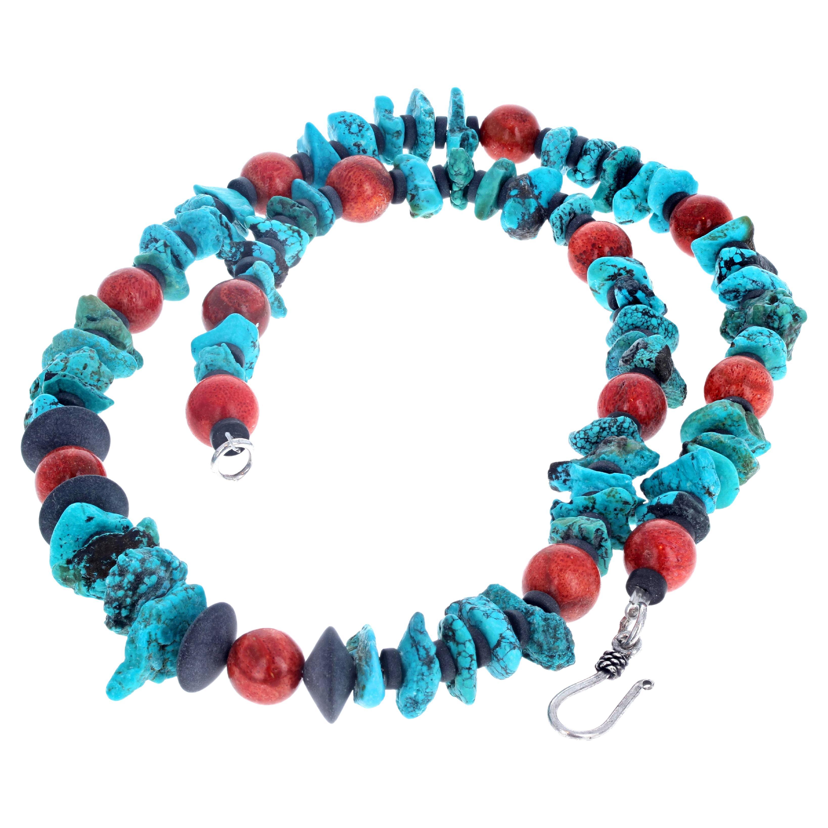 AJD Simple Elegant Natural Blue Turquoise & Real Orangy Coral Necklace For Sale