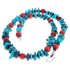 AJD Simple Elegant Natural Blue Turquoise & Real Orangy Coral Necklace