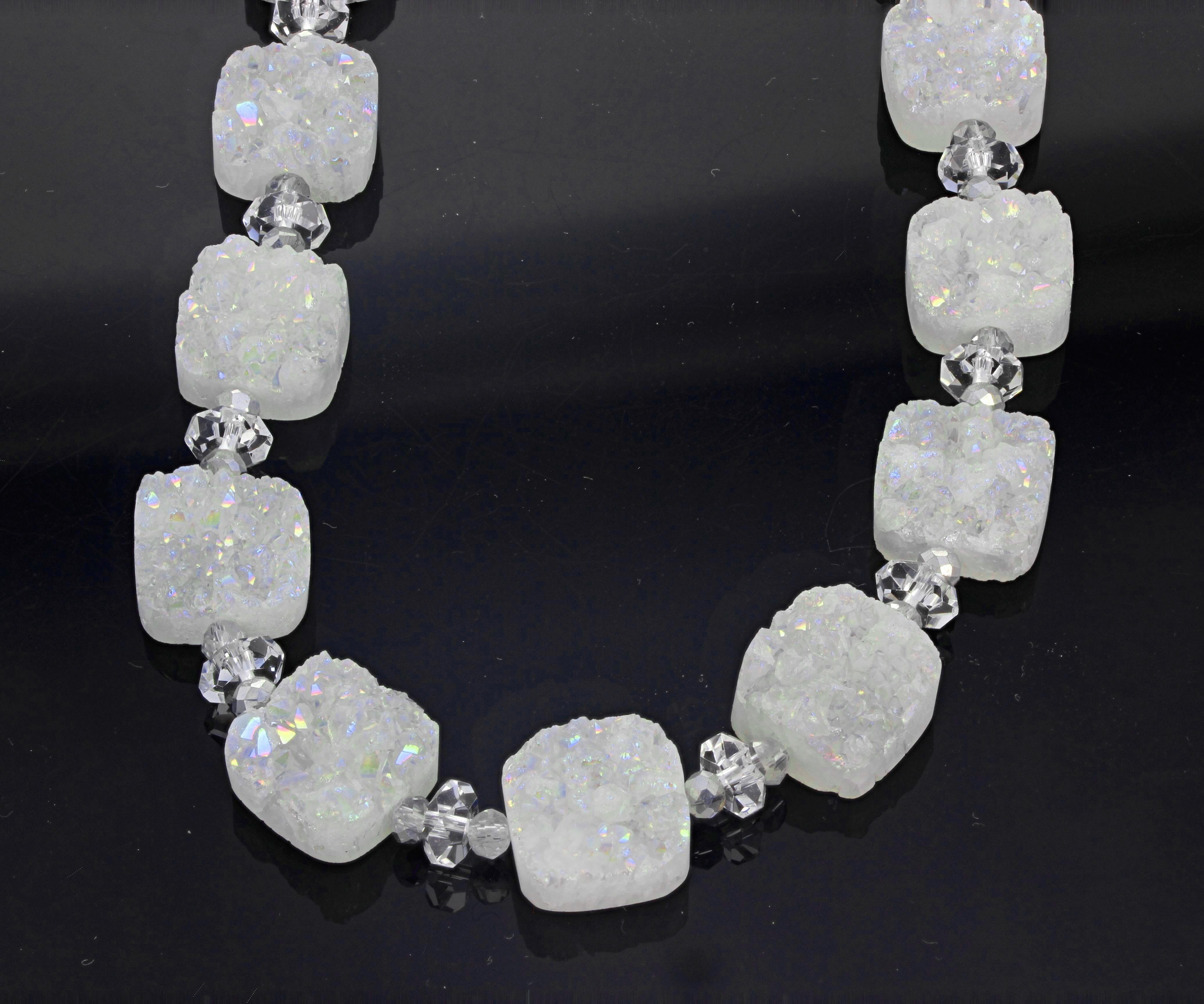 These natural White Druzy Quartz glitter brilliantly in this simple 17 inch long necklace.  The Druzys are approximately 13mm x 13mm.  The large gemcut  sparkling spacer translucent bright natural gemcut Quartz are approximately 13mm round.  The