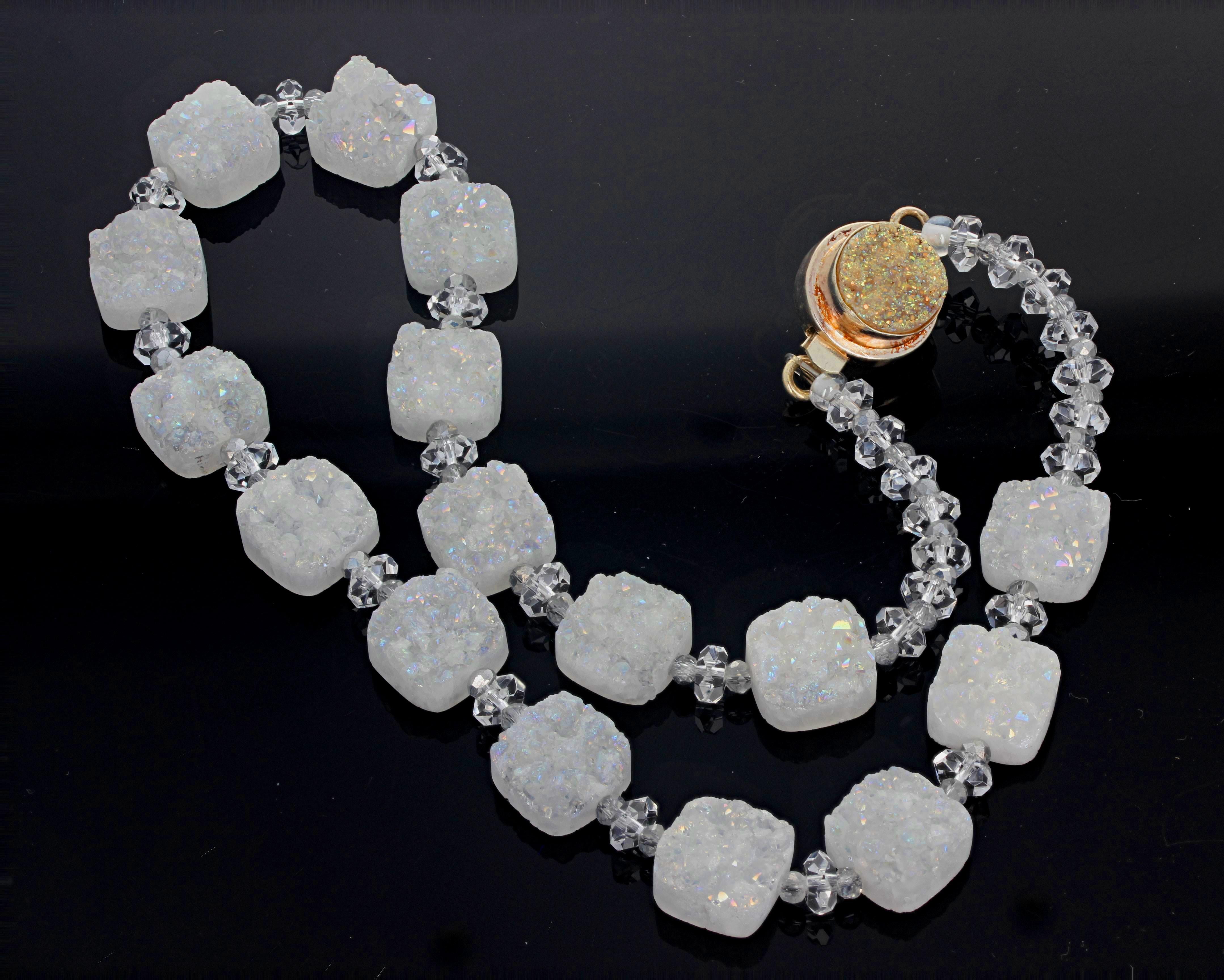 Mixed Cut AJD Simple Elegant Natural Highly Glittering Real White Druzy Quartz Necklace For Sale