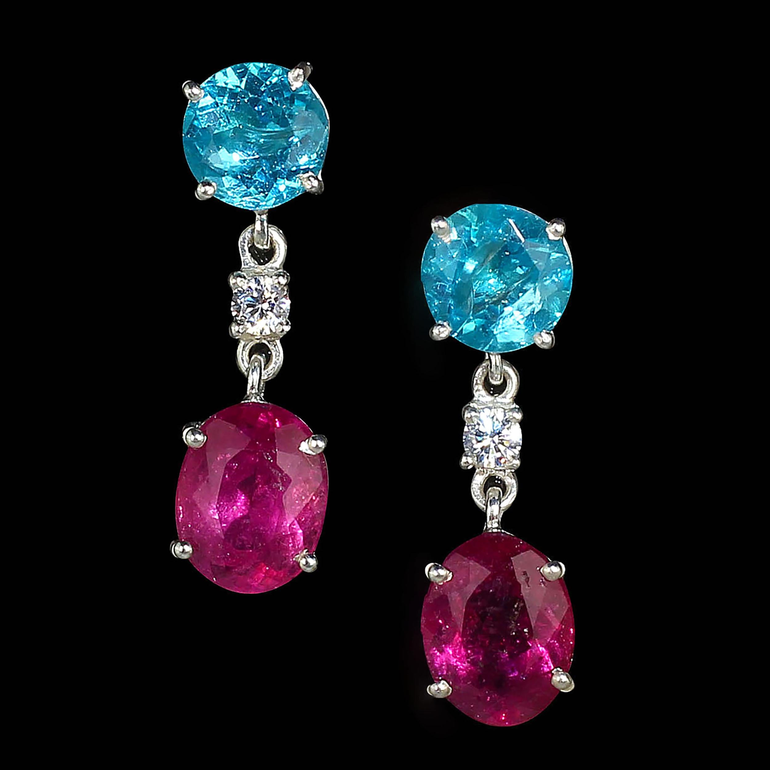 Who doesn't love Pink and Blue?  Here's your sizzling look!  Hot pink oval Rubelites dangling from bright round neon blue/green Apatites with a tiny sparkling Cambodian Zircon between to hinge them together.  What's not to love?  These gorgeous