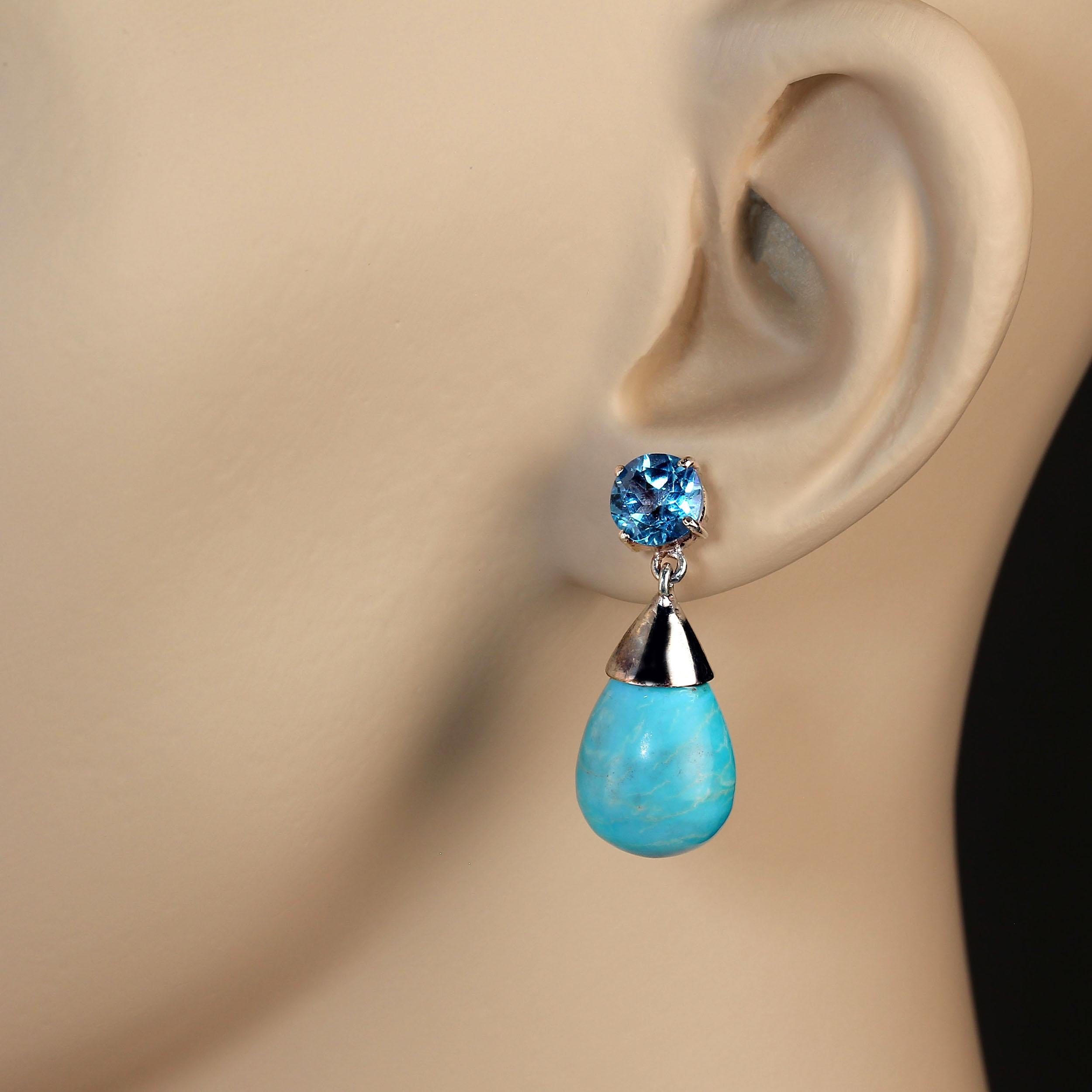 Earrings of rare, elegant Sleeping Beauty Turquoise Briolette drops and round sparkling apatites.  This combinations is show stopping!  These beauties are hand set in Sterling Silver and feature post backs.  They hang 1 1/8 inches in length. ME2115