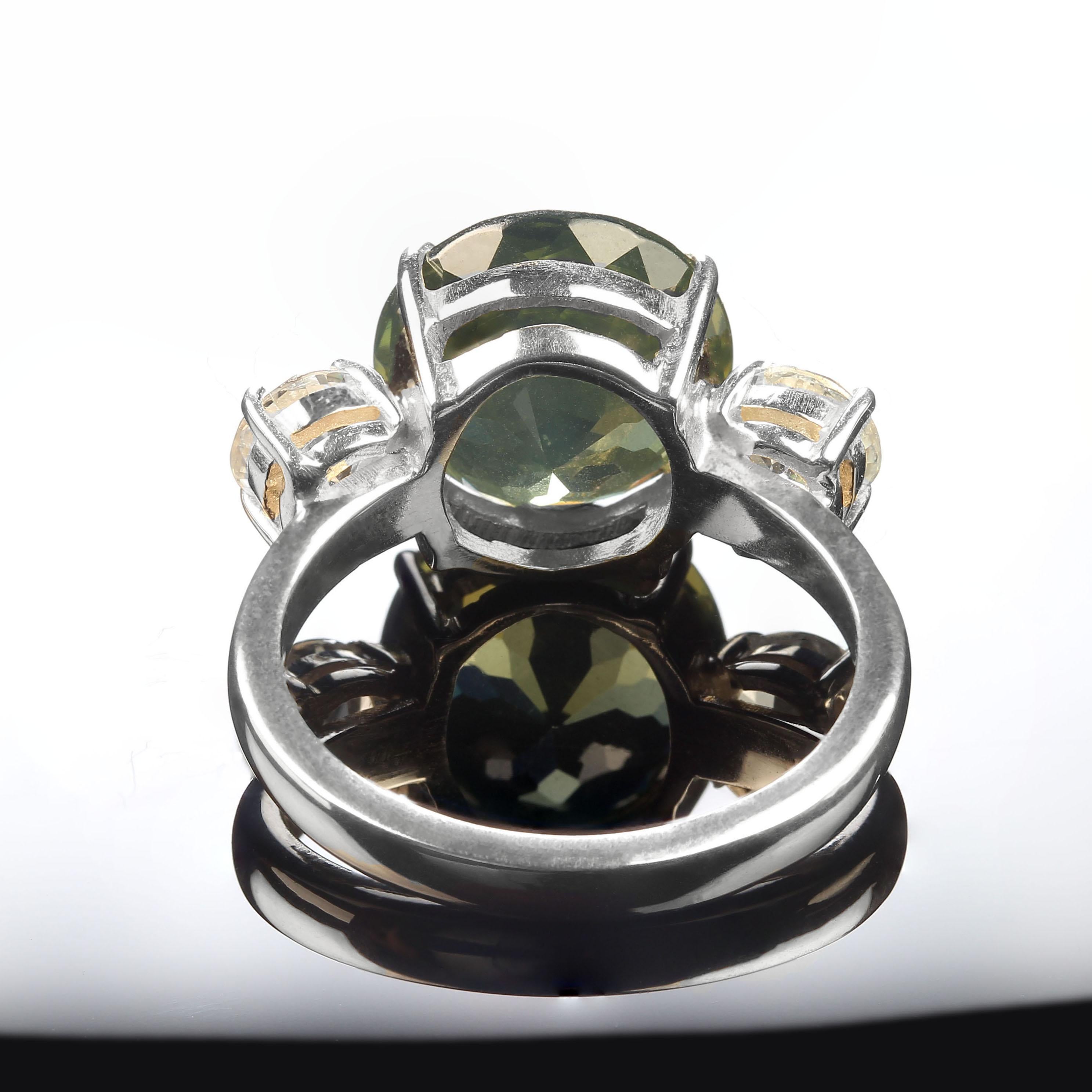 AJD Sophisticated 'Big Deal' Green and White Zircon Cocktail Ring In New Condition For Sale In Raleigh, NC