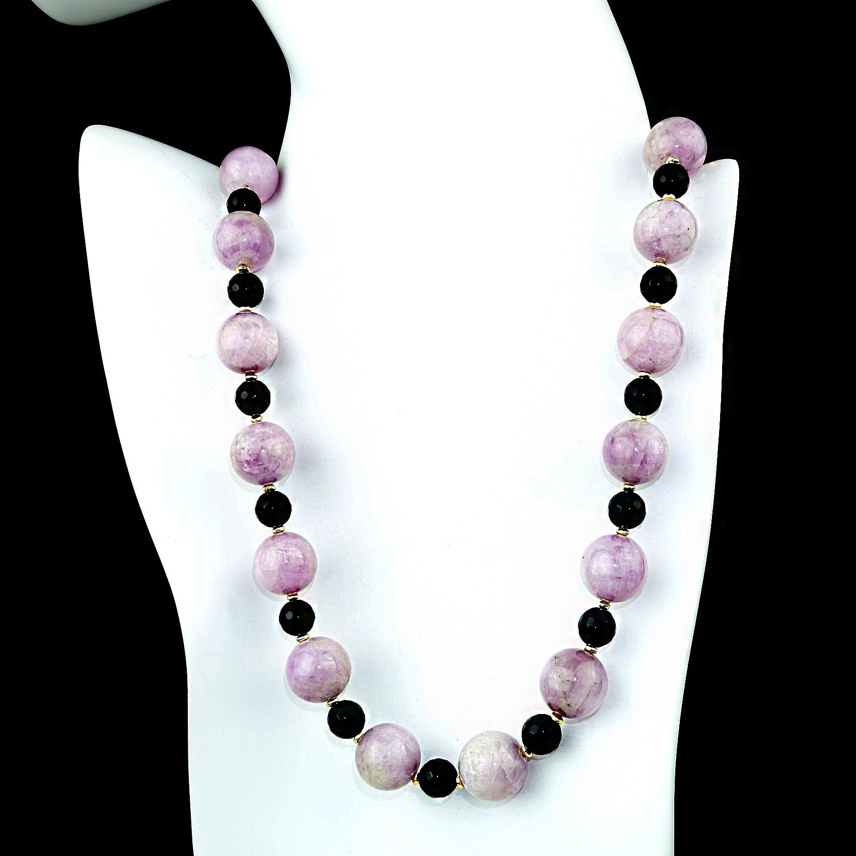 Round Cut  AJD Sophisticated Opaque Mauve Kunzite and Black Onyx Necklace For Sale