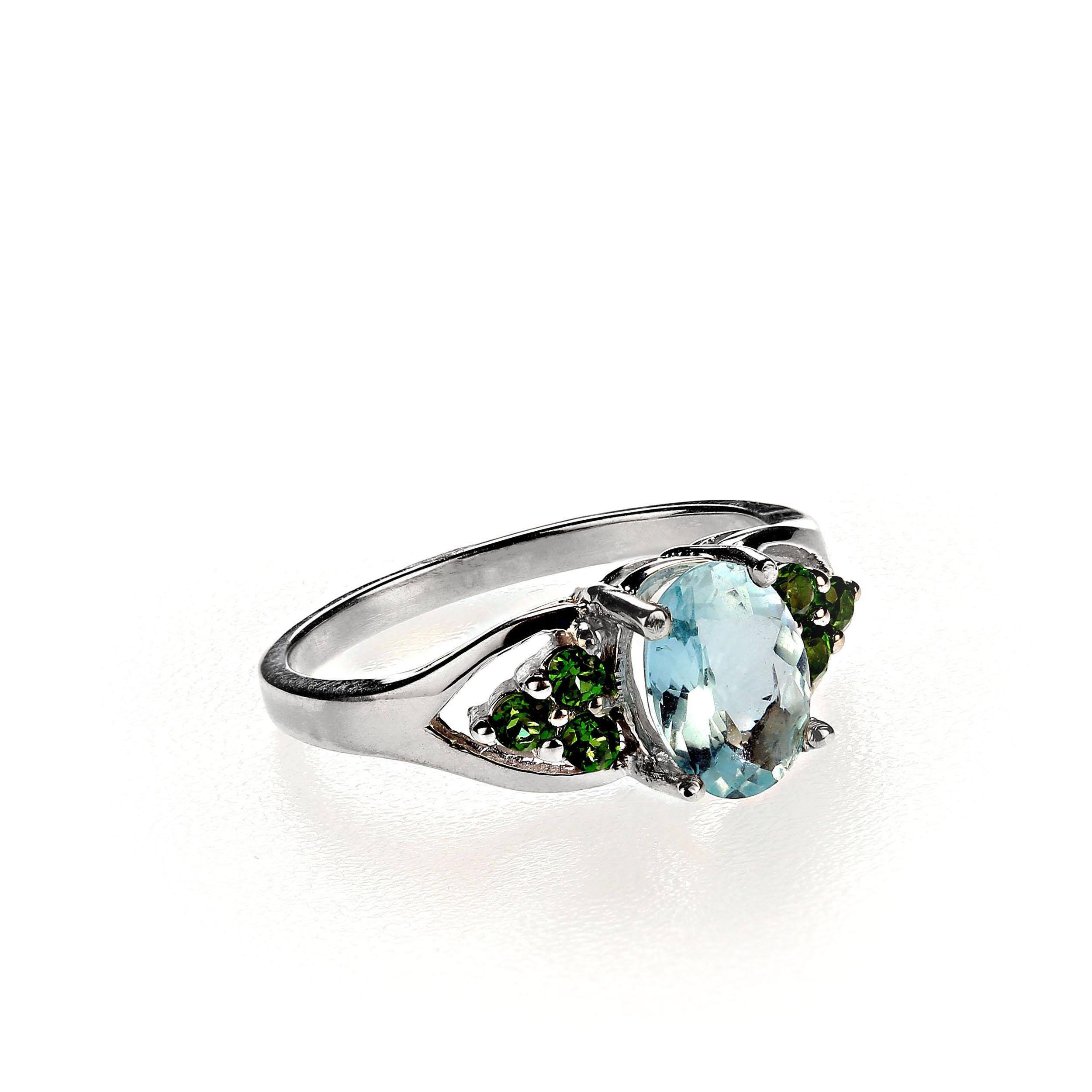 Artisan  AJD Sparkling Aquamarine w Chrome Diopside in Silver Ring March Birthstone For Sale