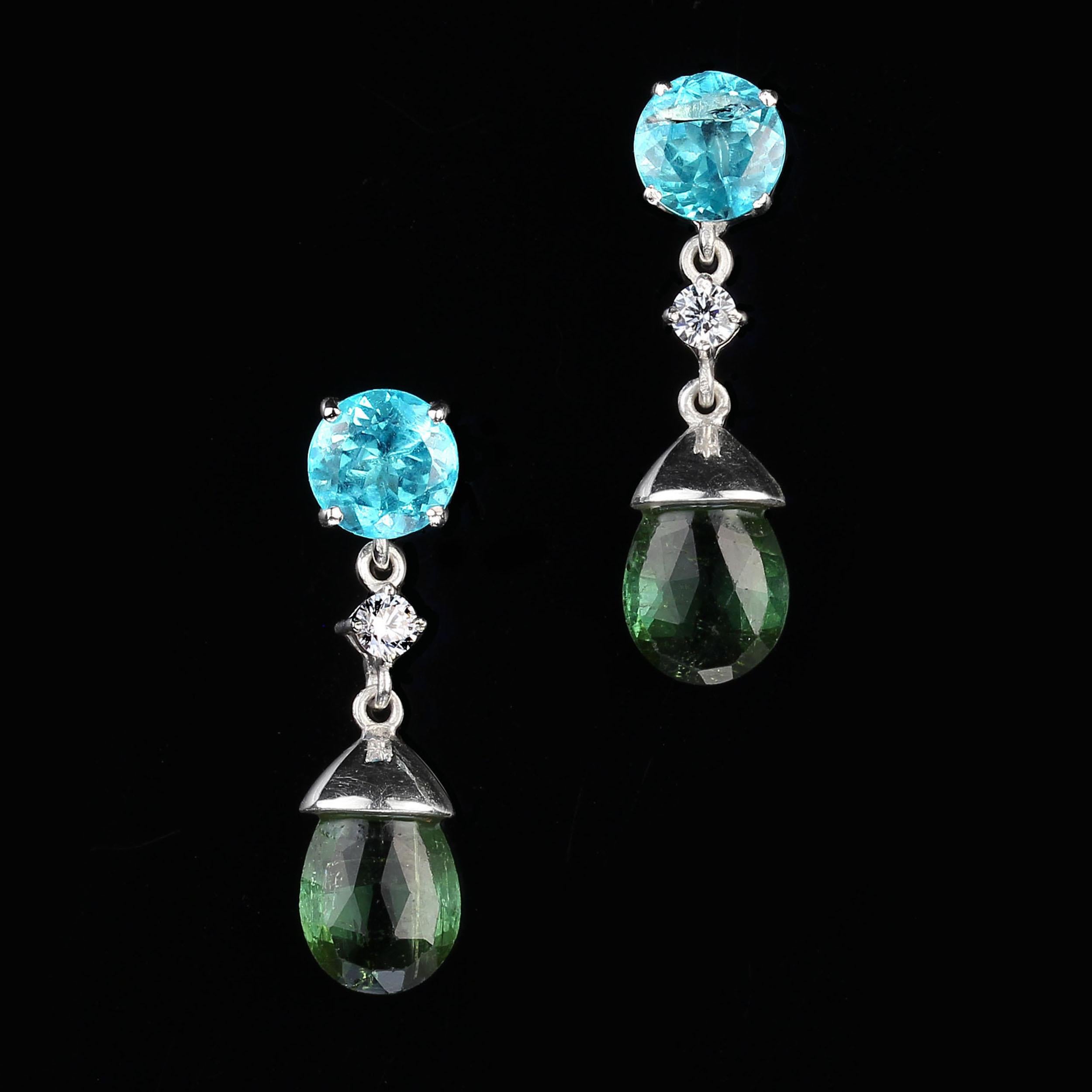 Artisan AJD Sparkling Blue Topaz and Green Tourmaline Dangle Earrings