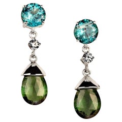 AJD Sparkling Blue Topaz and Green Tourmaline Dangle Earrings