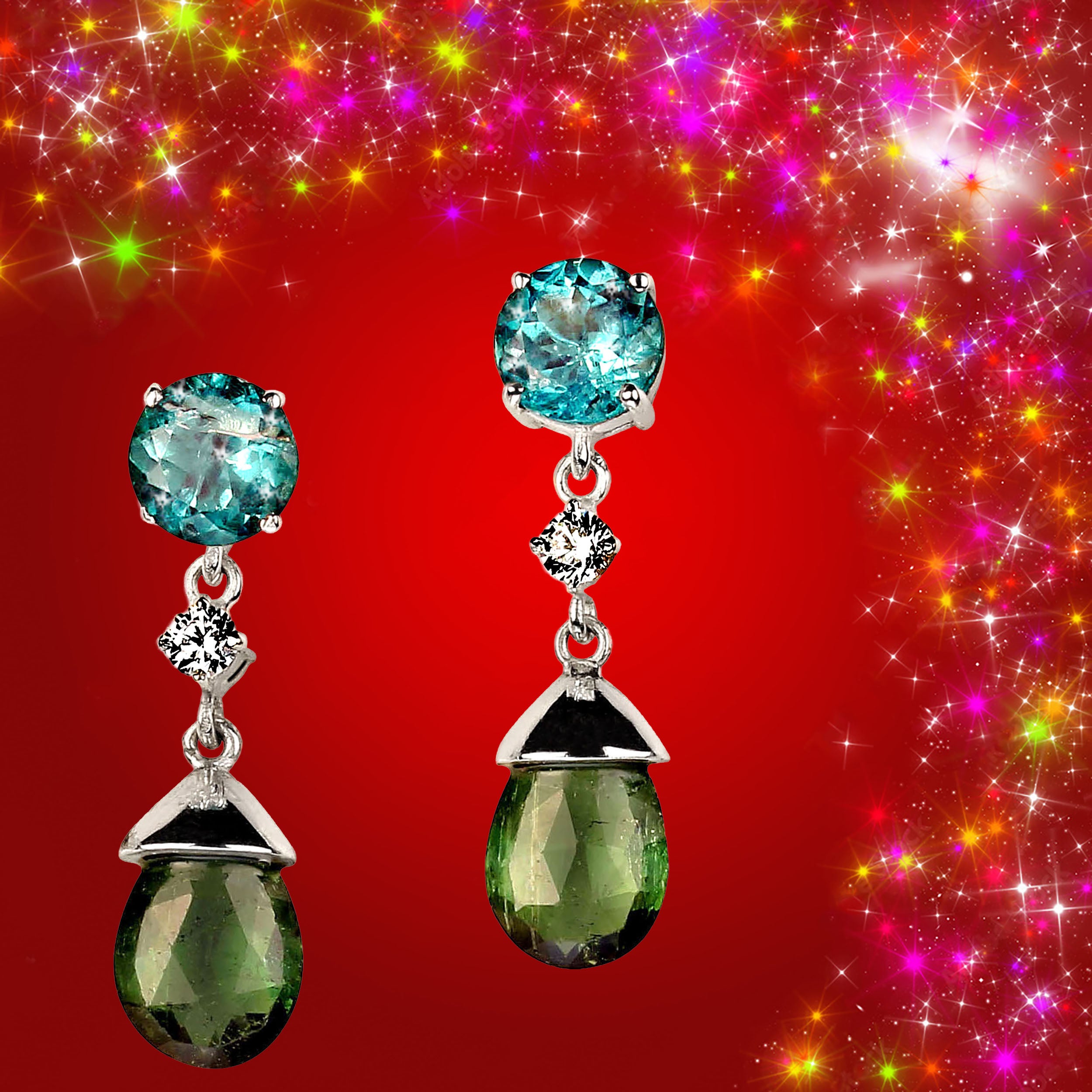 AJD Orecchini pendenti con topazio blu e tormalina verde