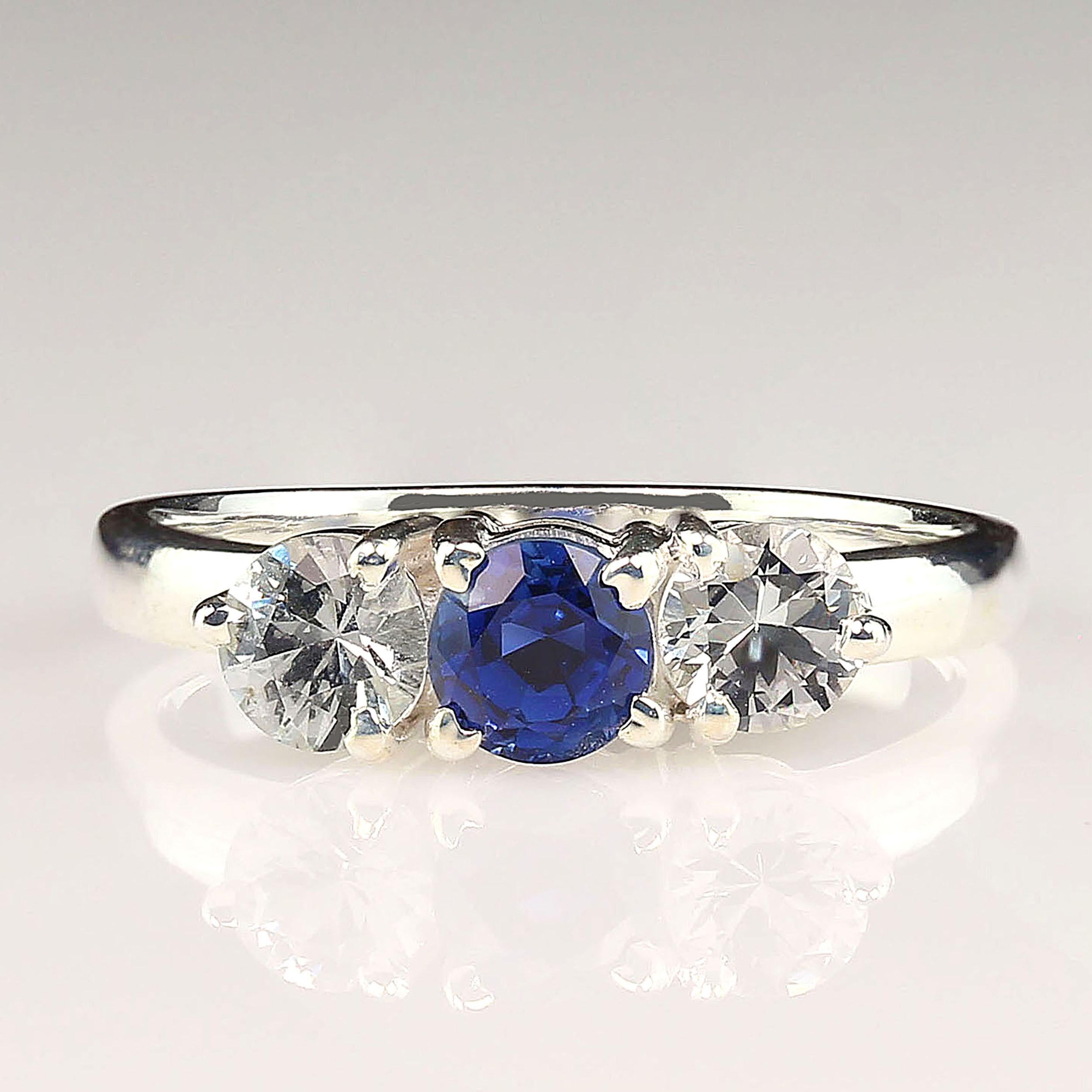 AJD Sparkling Classic Three-Stone Blue and White Sapphire Ring In New Condition For Sale In Raleigh, NC