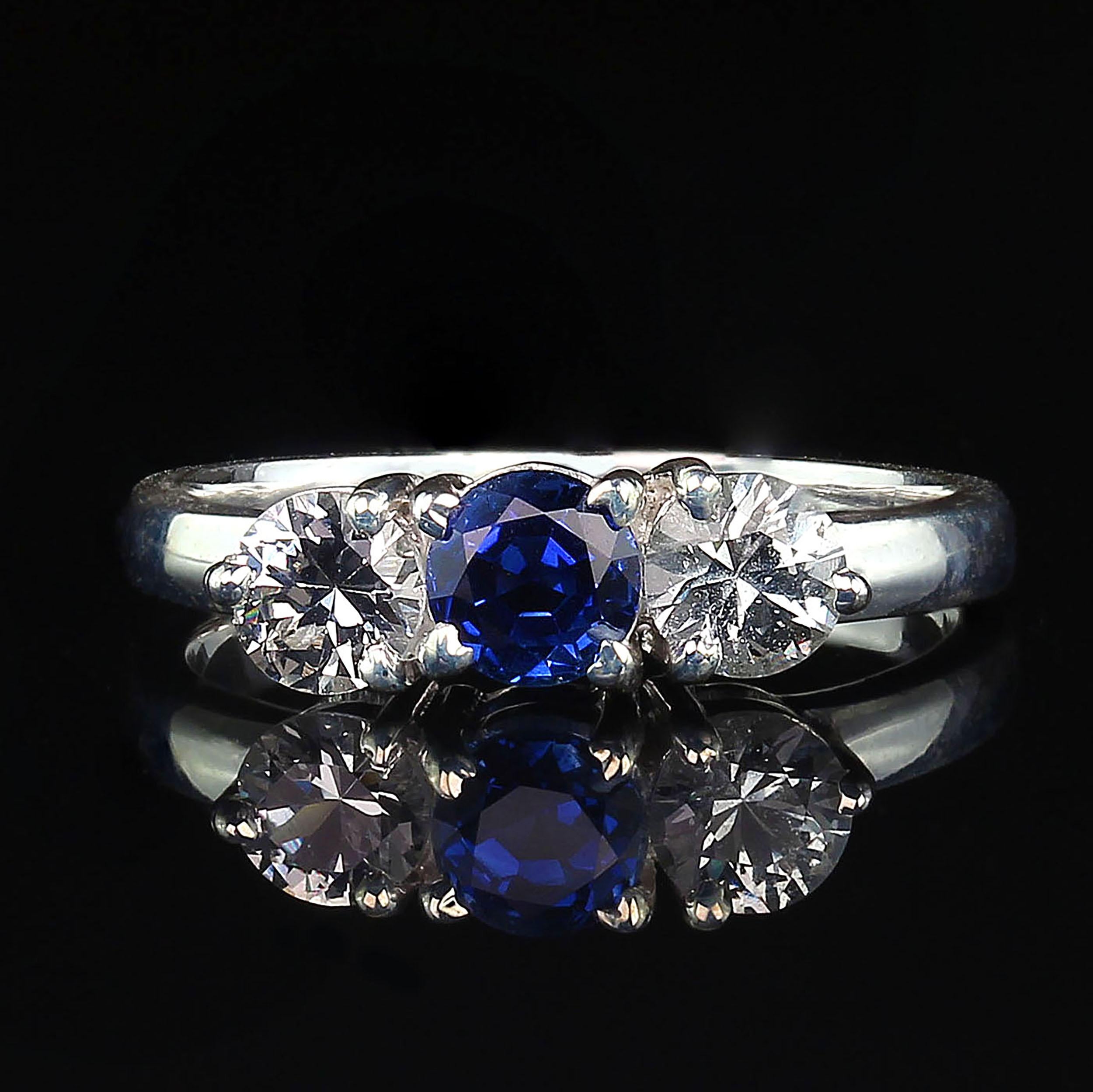 Women's or Men's AJD Sparkling Classic Three-Stone Blue and White Sapphire Ring For Sale