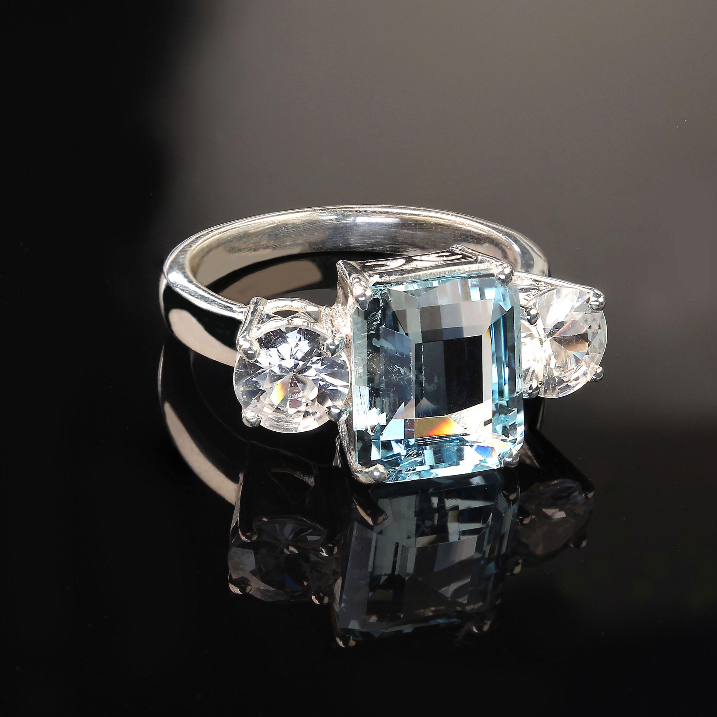 Artisan AJD Sparkling Emerald Cut Aquamarine and Genuine Zircon Ring  March Birthstone For Sale